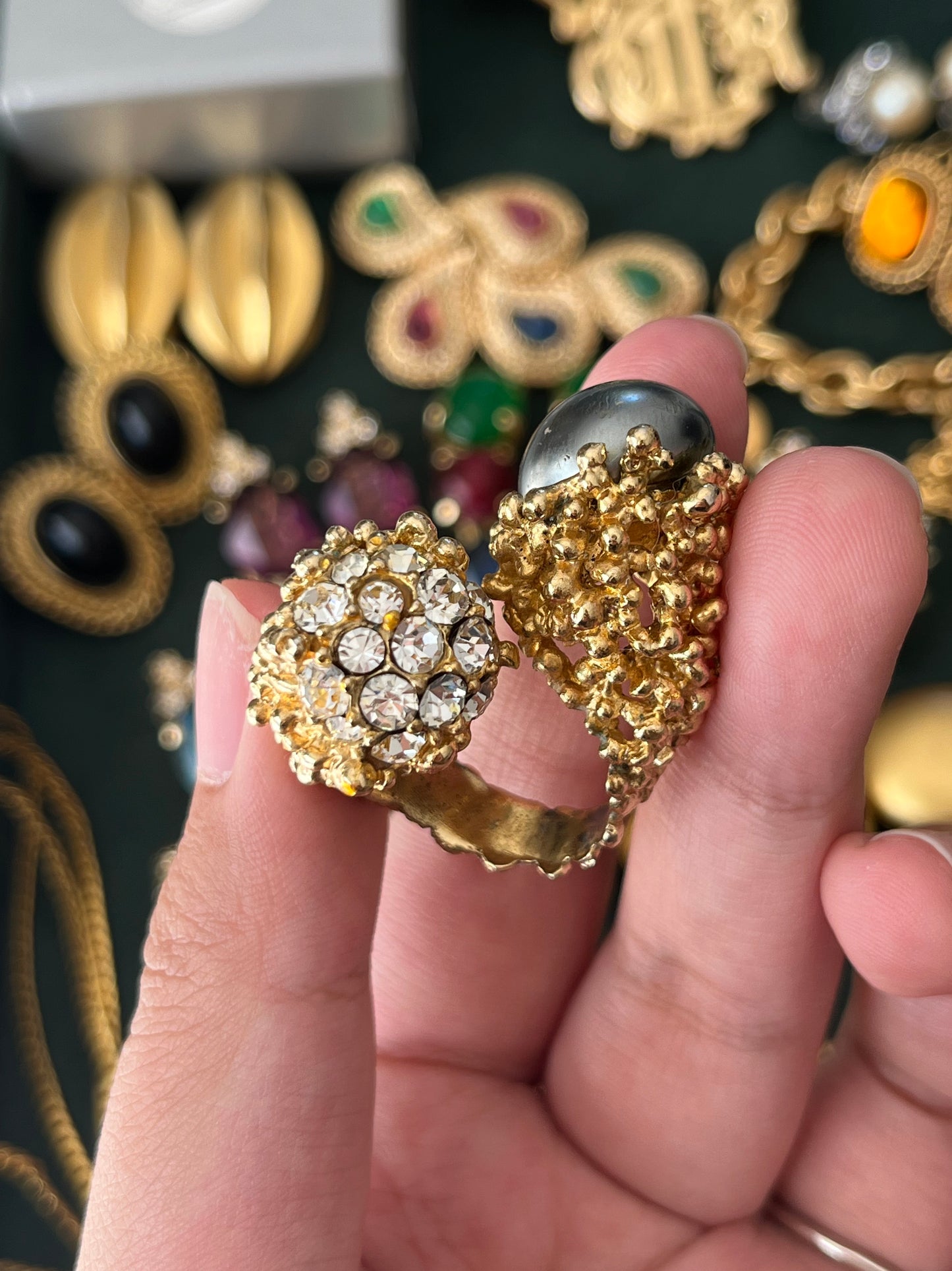 Vintage Grossé (Christian Dior) 1966 Faux Grey Tahitian Pearl Irregular Nugget Gold-Plated Adjustable Open Cocktail Ring