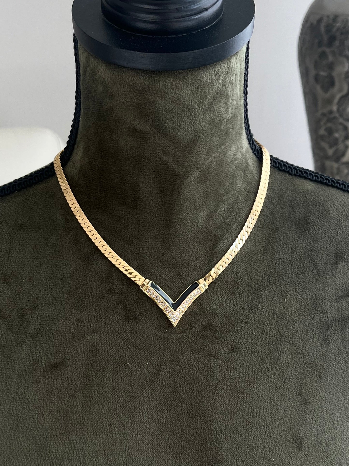 Vintage Christian Dior “V” Rhinestone Pavé Black Enamel Gold-Tone Clip-On Earrings Necklace Set