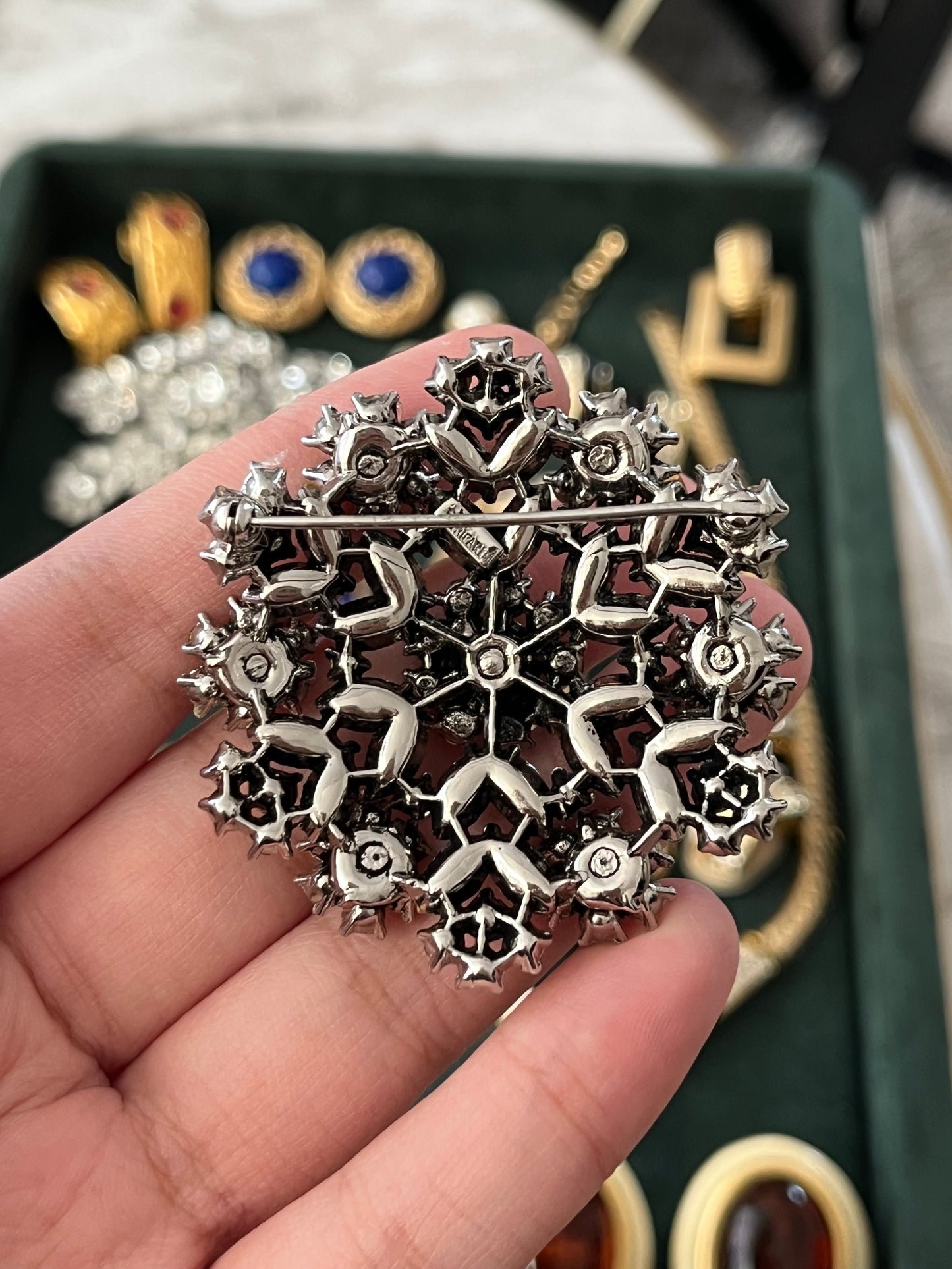 Vintage Crown Trifari 1950s Snowflake Flower Green Gray Rhinestone Prong Multi-Layered Silver-Tone Brooch