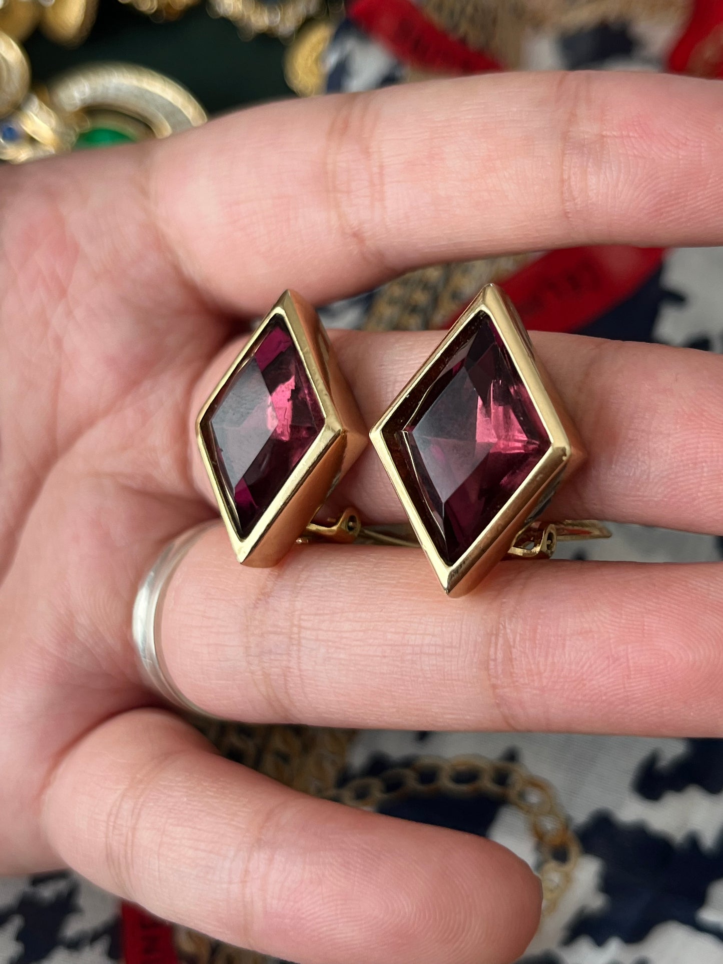 Vintage Christian Dior Diamond Cut Purple Rhinestone Bezel Set Gold-Tone Clip-On Earrings