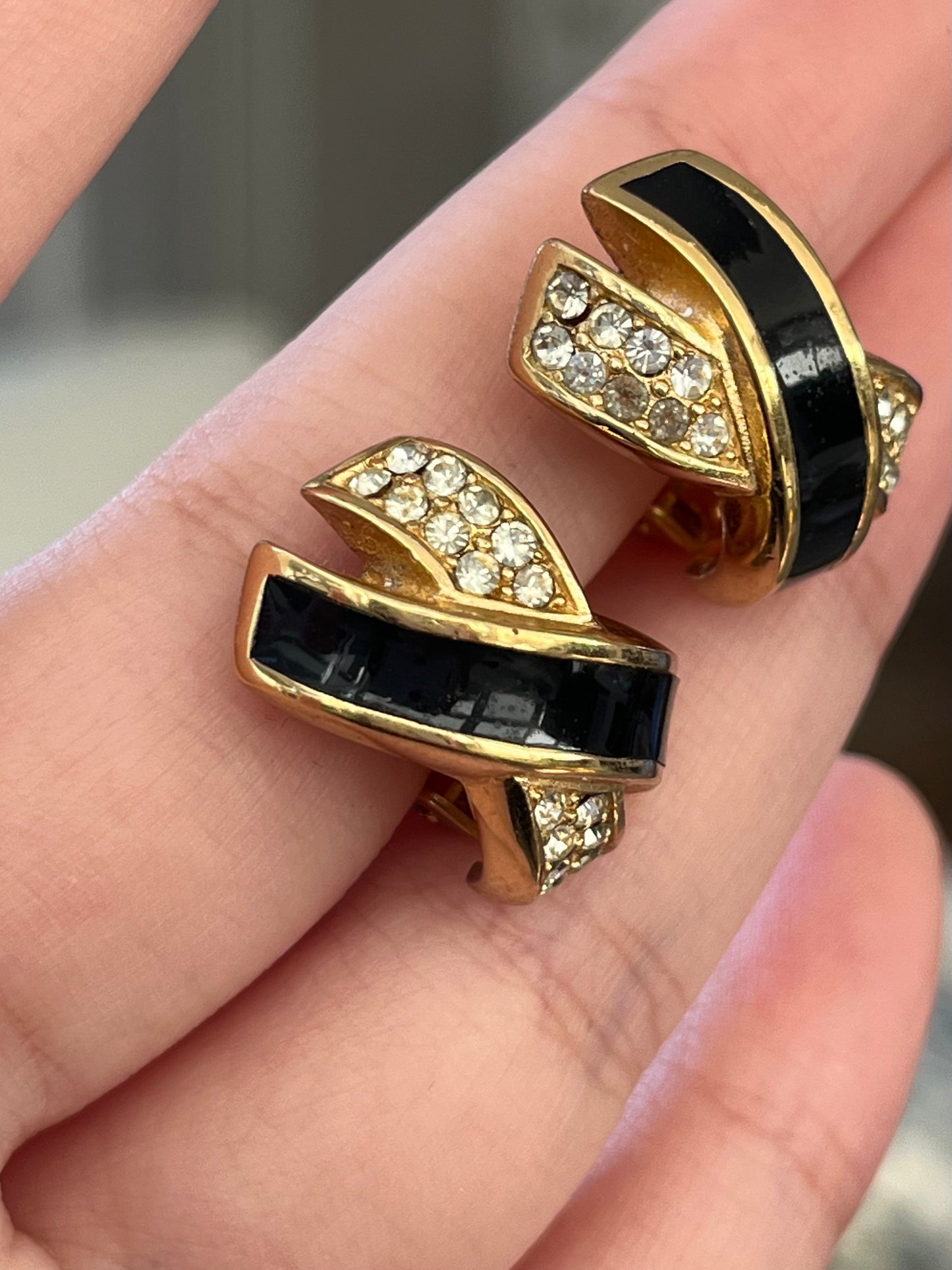 Vintage Christian Dior Classic "X" Cross Black Enamel Rhinestone Pavé Gold-Plated Clip-On Earrings