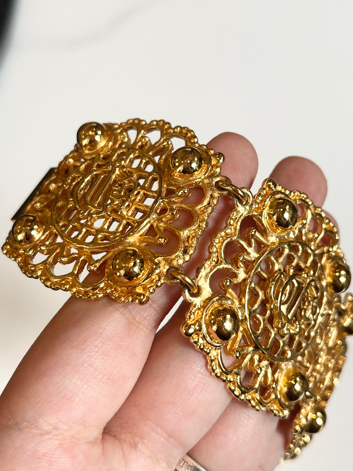 Vintage Christian Dior "Pumpkin Carriage" Collection Classic Monogram Logo Hollow Gold-Tone Bracelet Cuff Bangle