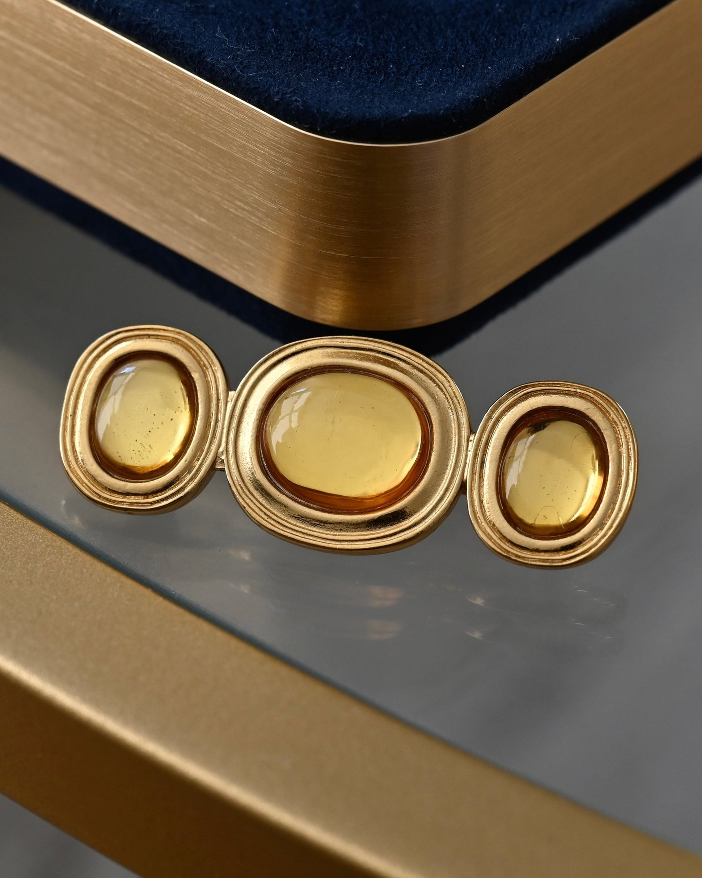 Vintage Yves Saint Laurent YSL Large Oval Yellow Resin Cabochon Gold-Tone Bar Brooch