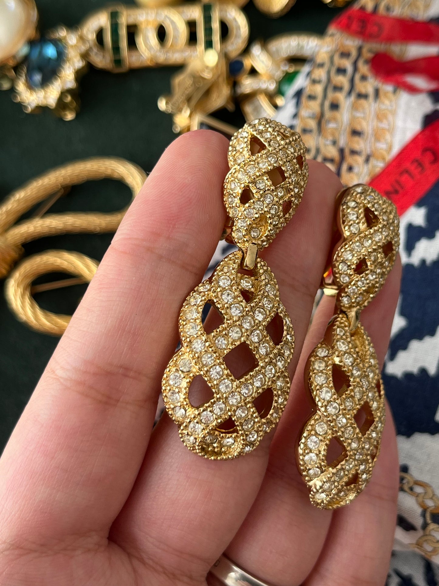 Vintage Christian Dior "Lace" Collection Hollow Braided Teardrop Dangle Drop Rhinestone Gold-Tone Clip-On Earrings