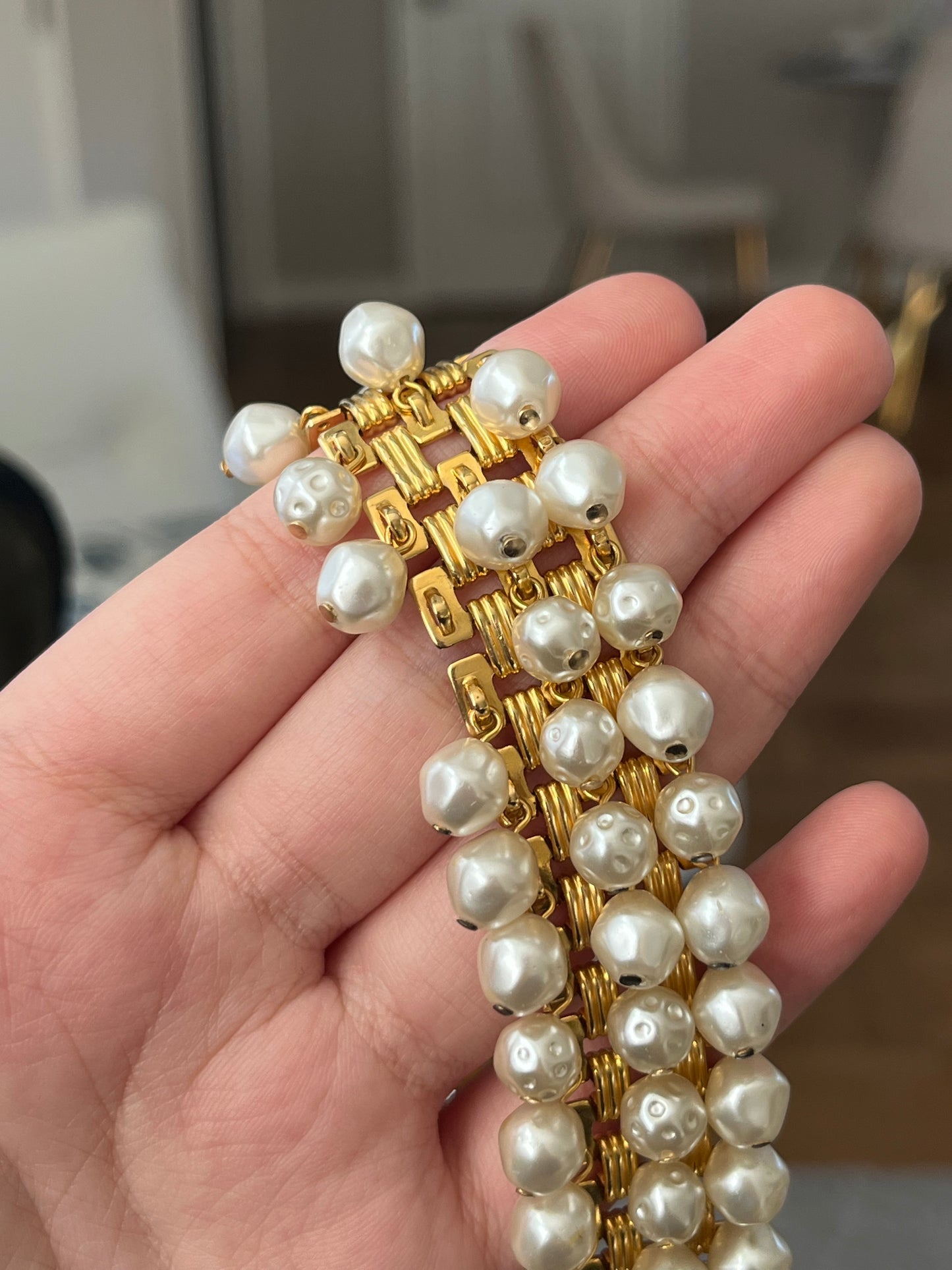 Vintage Christian Dior Baroque Pearl Tassel Droplet Gold-Tone Wide Waist Chain Belt