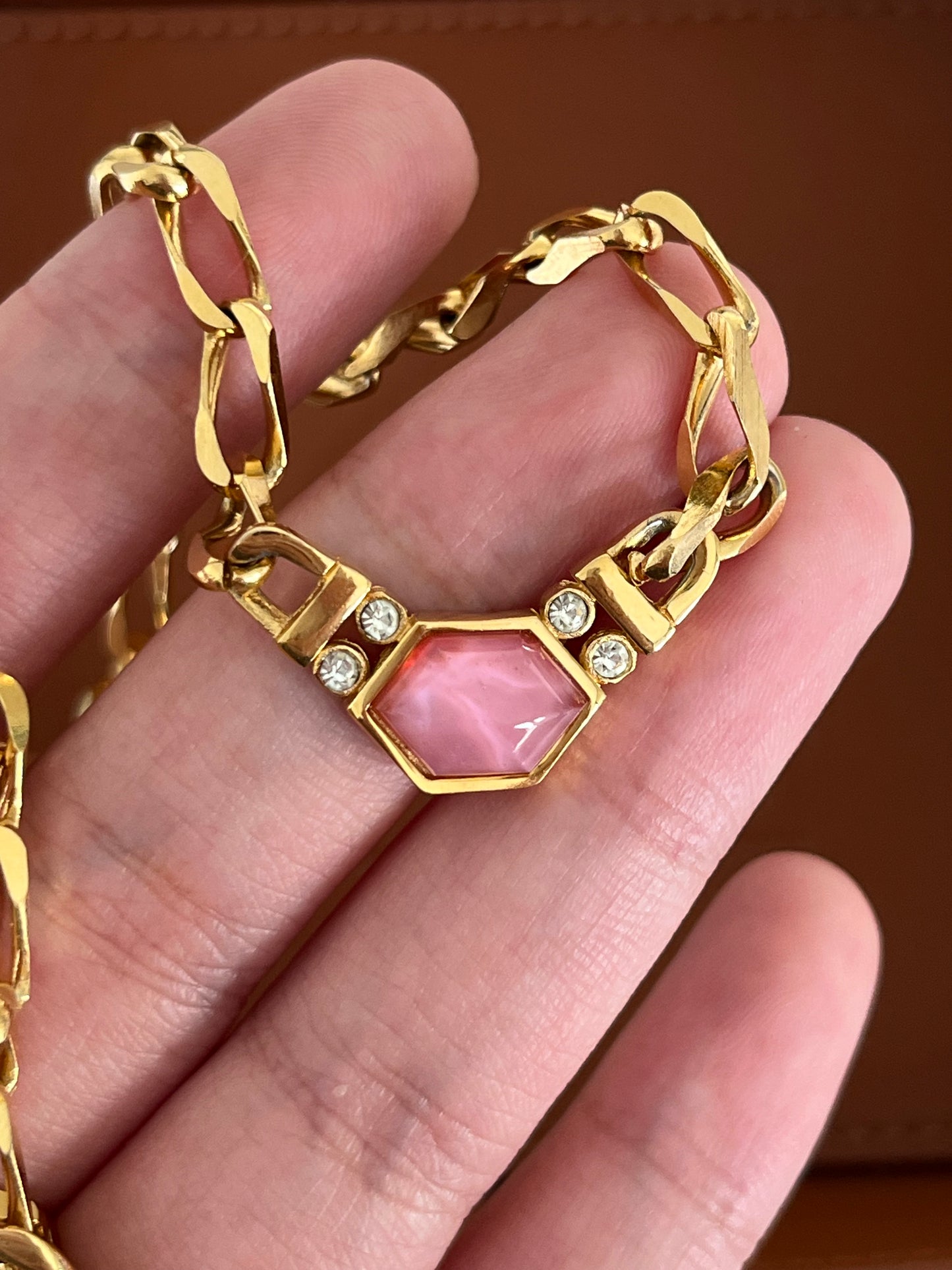 Vintage Givenchy Sugarloaf-Cut Hexagon Pink Resin Cabochon Gold-Tone Chain Necklace
