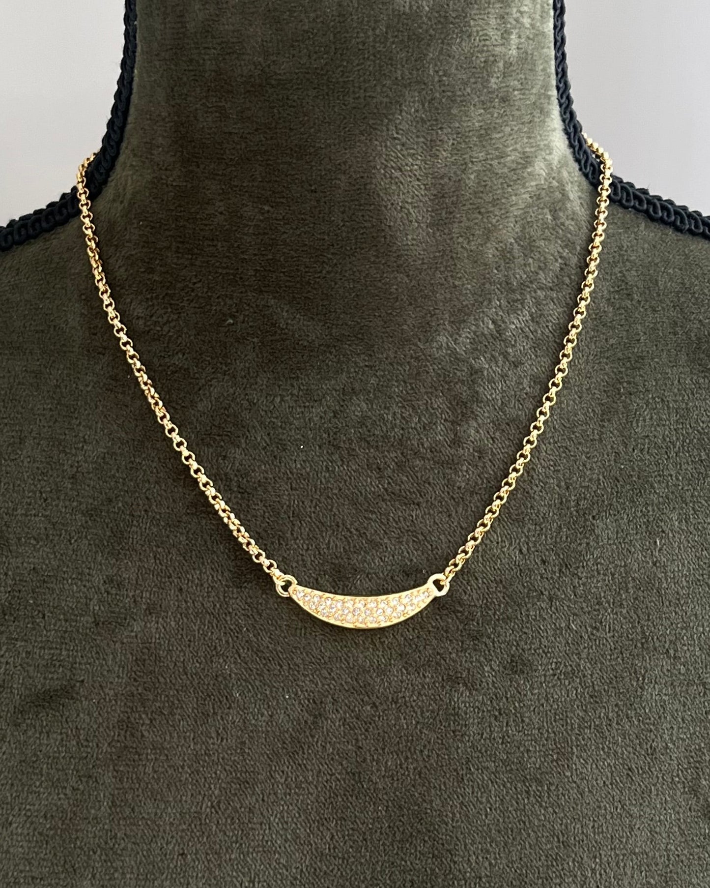 Vintage Christian Dior Crescent Moon Smile Rhinestone Pavé Gold-Tone Braided Chain Necklace
