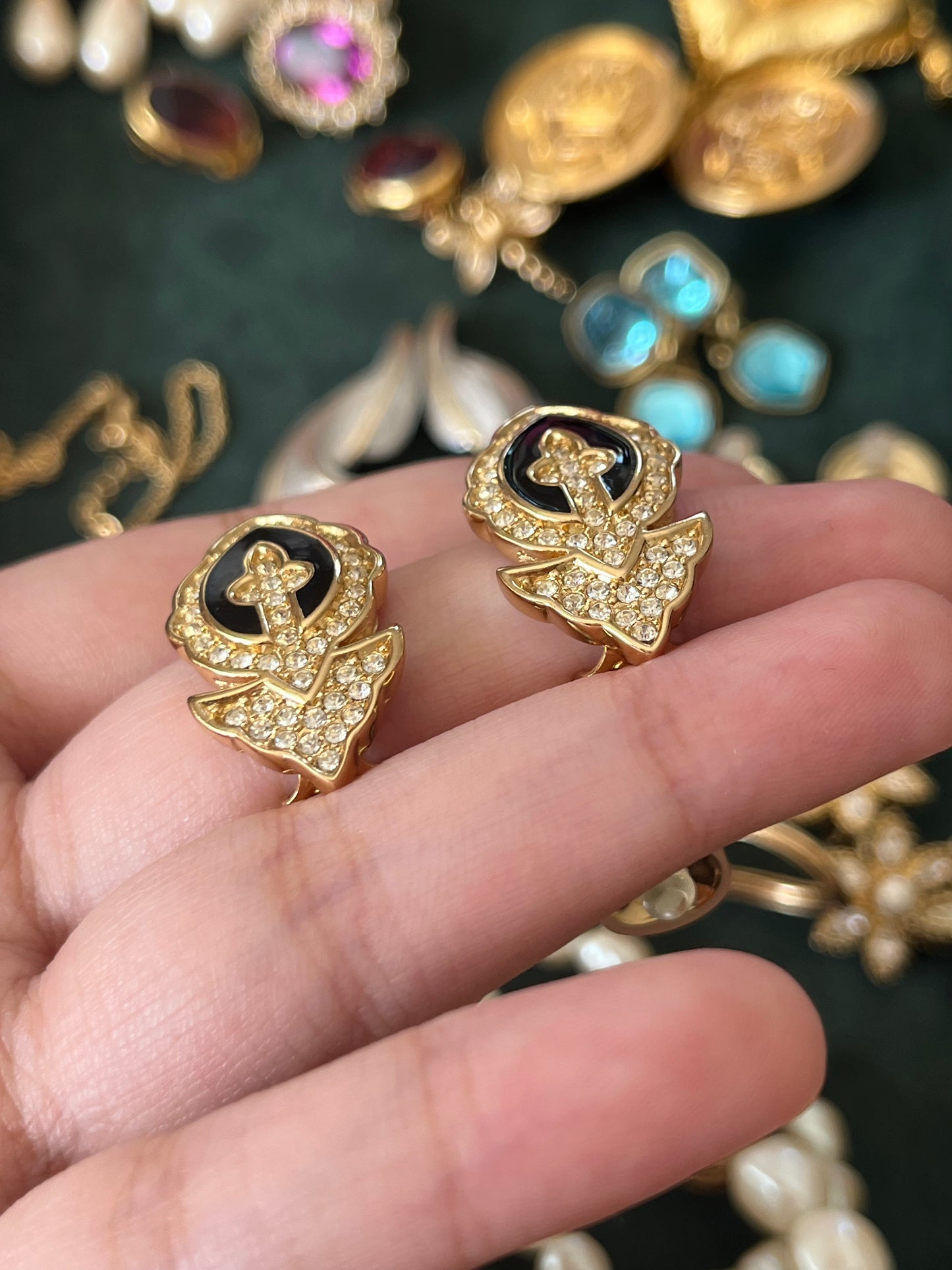 Vintage Christian Dior "Fluer De Lis" Spade Black Enamel Rhinestone Gold-Tone Clip-On Earrings