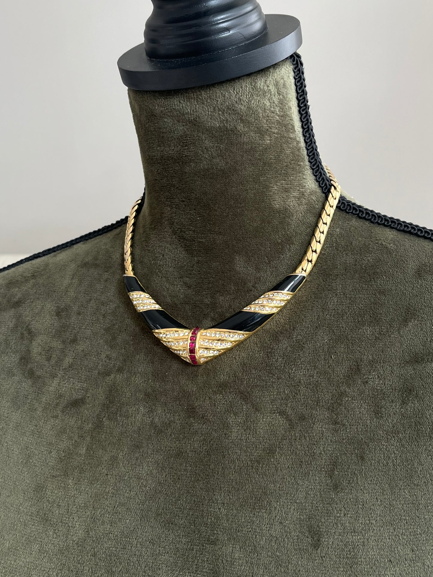 Vintage Christian Dior "V" Square Red Rhinestone Black Enamel Gold-Tone Clip-On Earrings Necklace Set