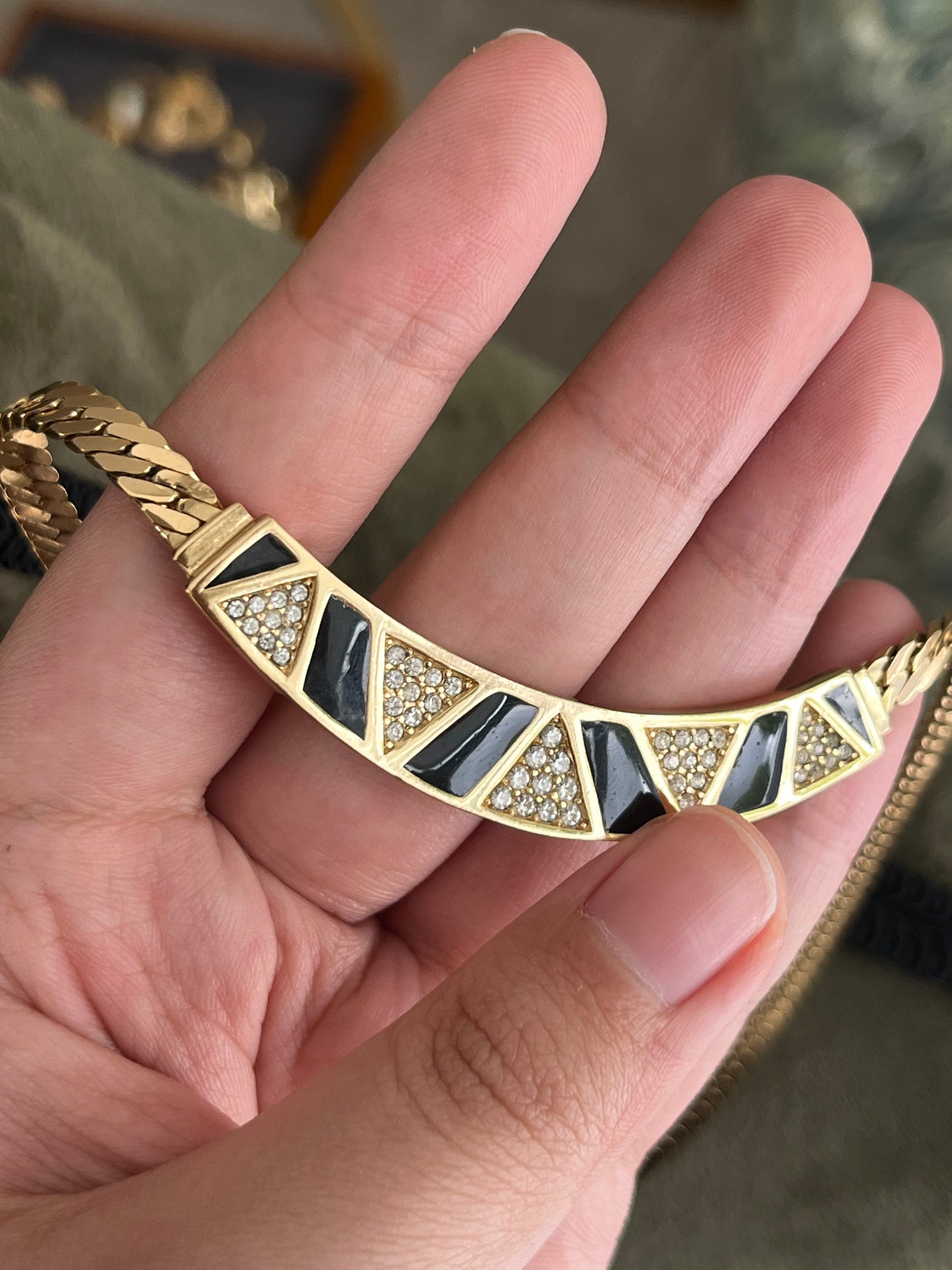 Vintage Christian Dior "Zebra" Crescent Moon Hoop Black Enamel Rhinestone Pavé Gold-Ton Chain Necklace