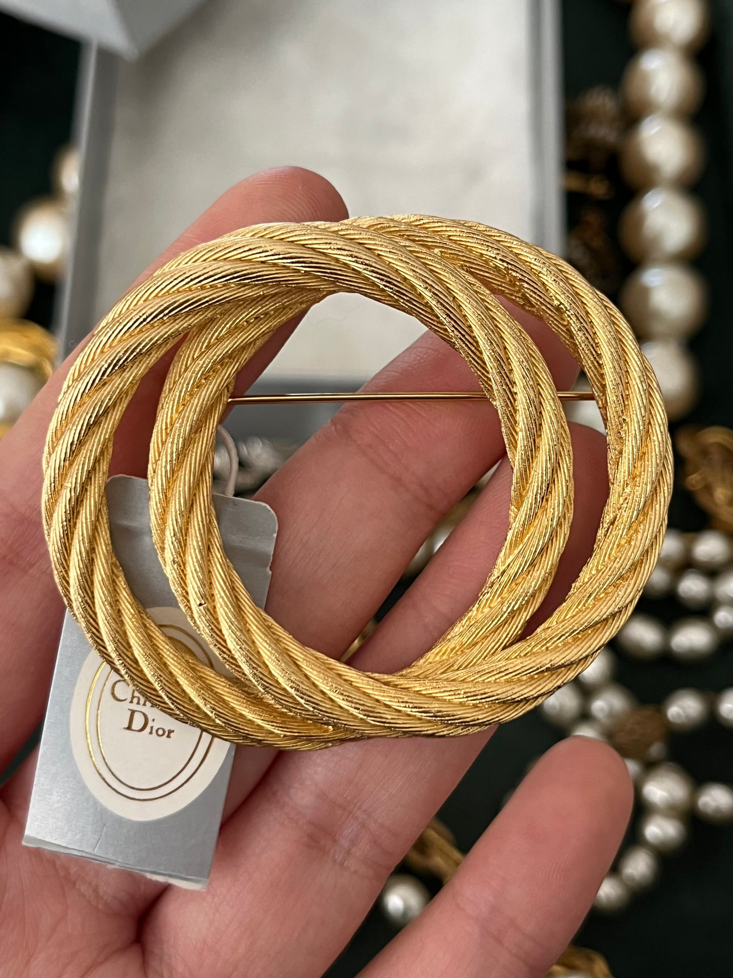 Vintage Christian Dior "Rope" Collection Double Knot Brushed Gold Gold-Tone Round Brooch New in Box