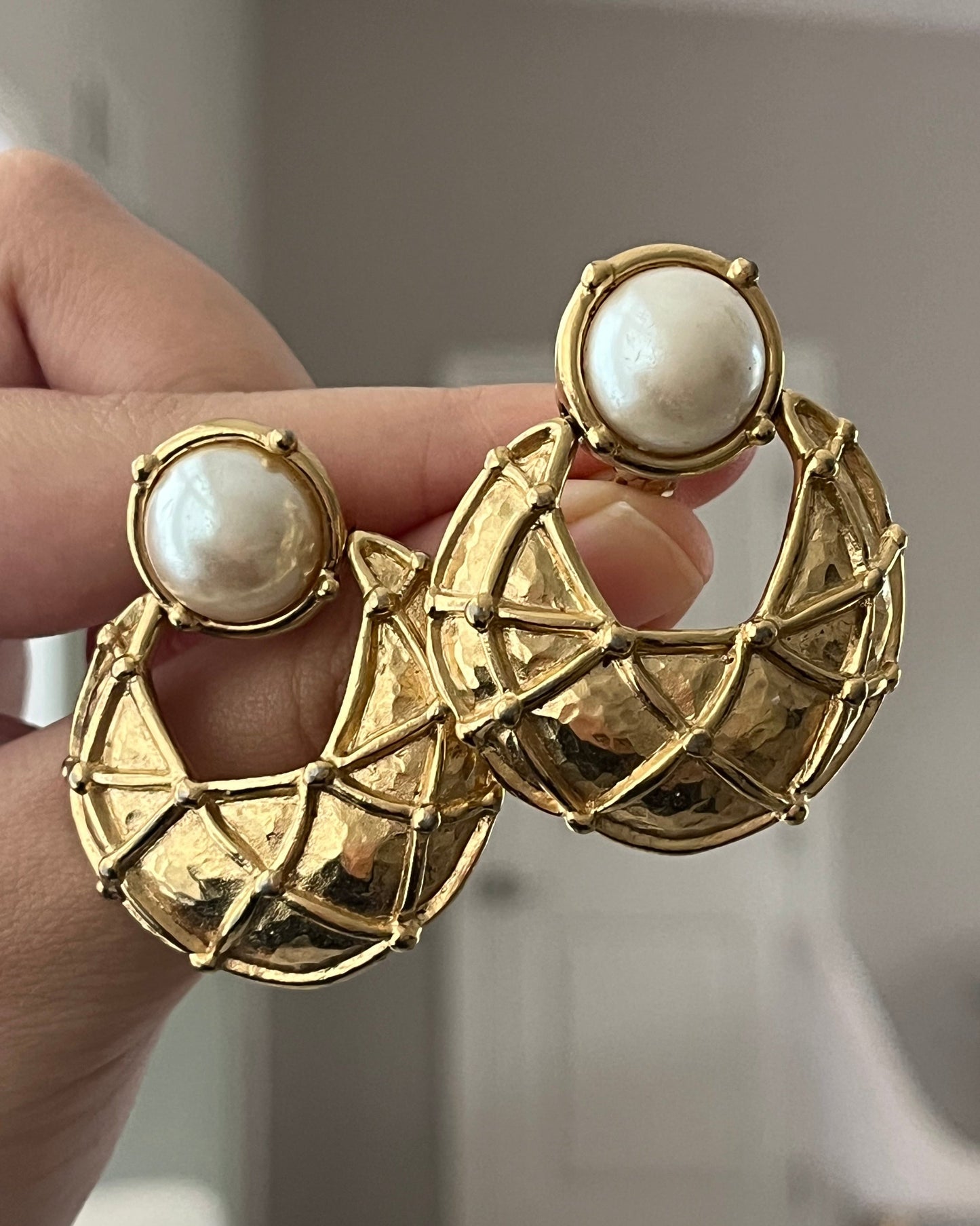 Vintage Givenchy Door Knocker Round Pearl Quilted Drop Gold-Tone Clip-On Earrings