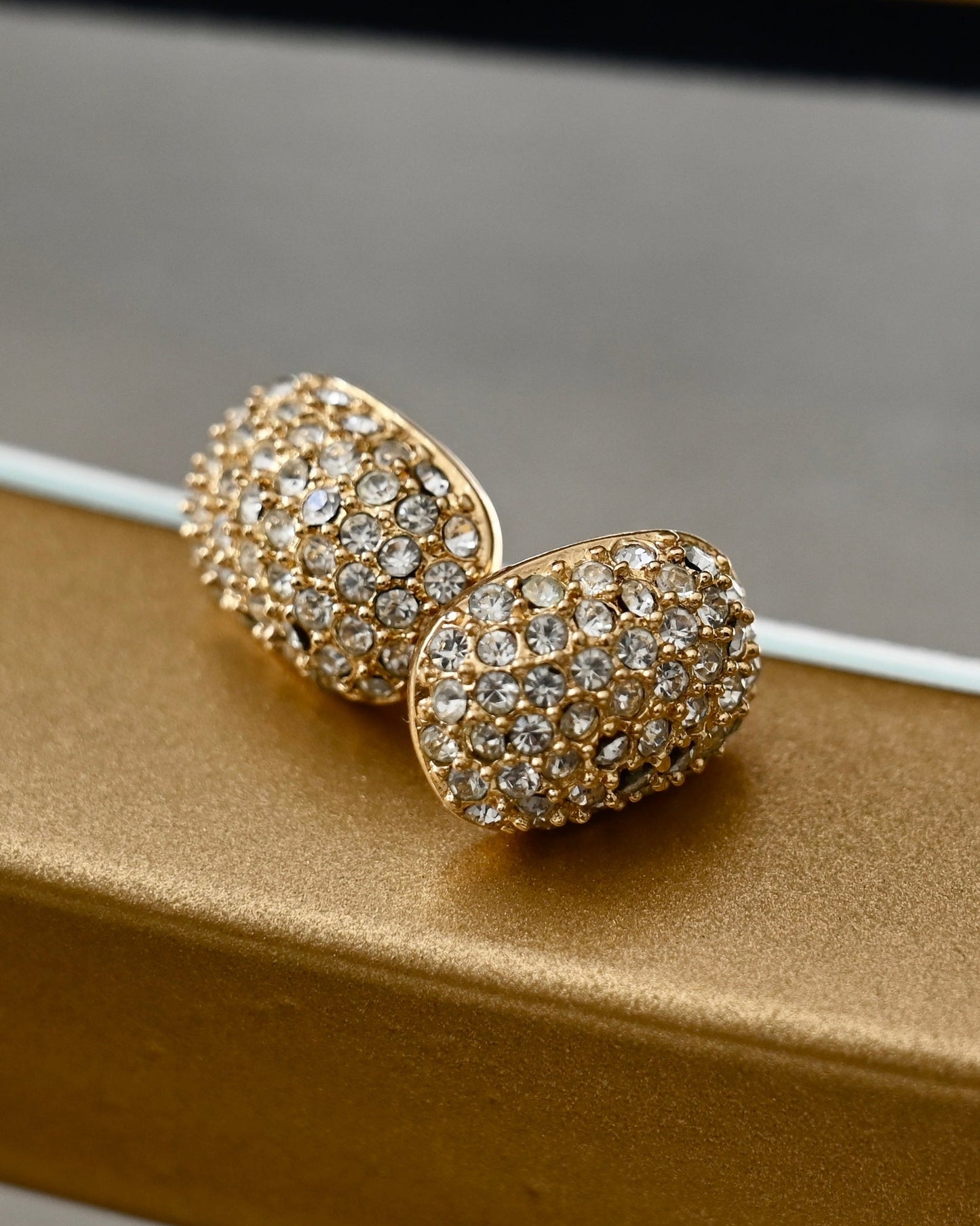 Vintage Christian Dior Rhinestone Pavé Mini Rectangular Gold-Tone 14k Gold Post Pierced Earrings