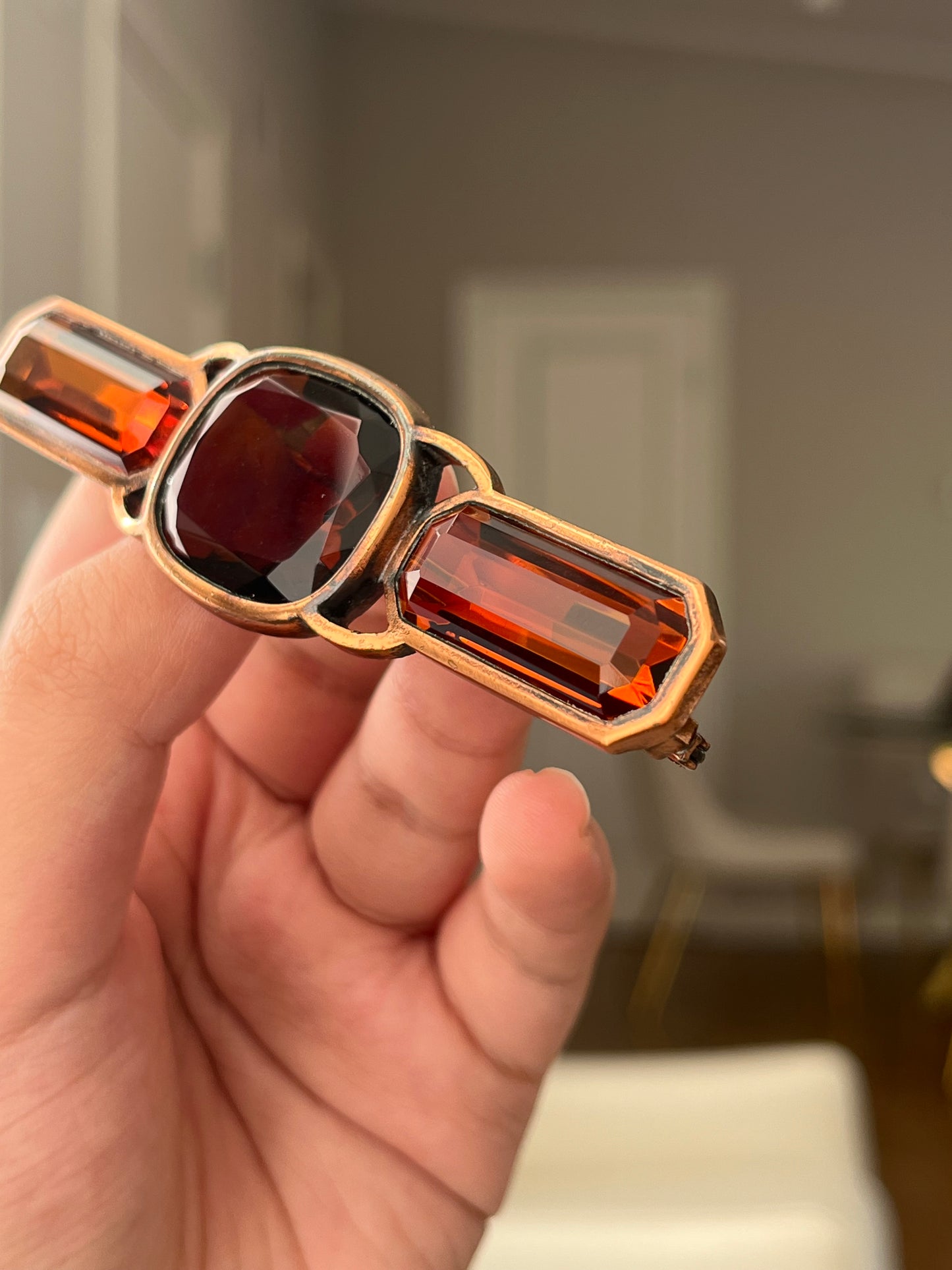 Vintage Yves Saint Laurent YSL Large Open Back Brown Rhinestone Rose Gold-Tone Bar Brooch