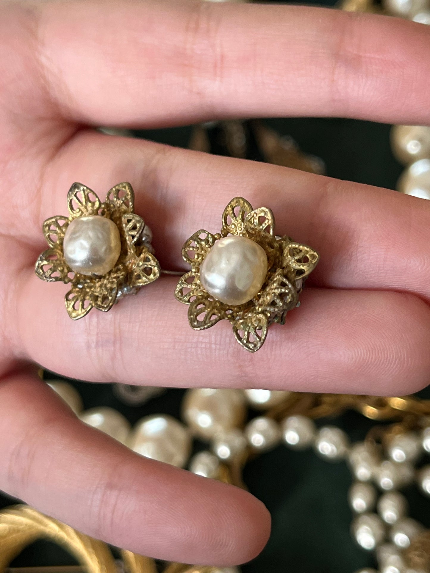 Vintage Miriam Haskell Classic "Niki" Baroque Glass Pearl Bronze-Tone Filigree Screw Back Clip-On Earrings
