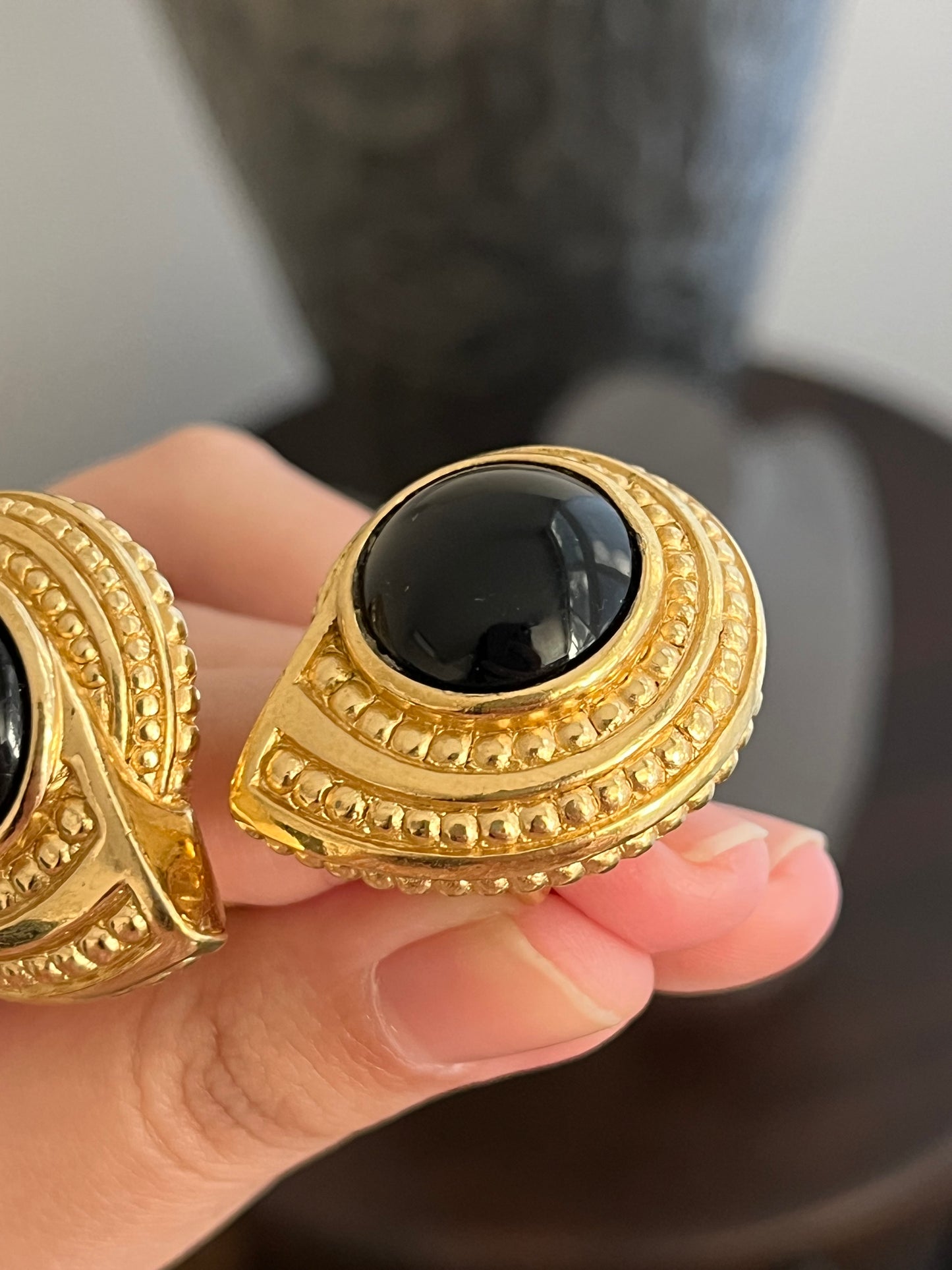 Vintage Christian Dior Sea Shell Round Black Poured Glass Cabochon Swirl Dotted Edge Gold-Plated Clip-On Earrings