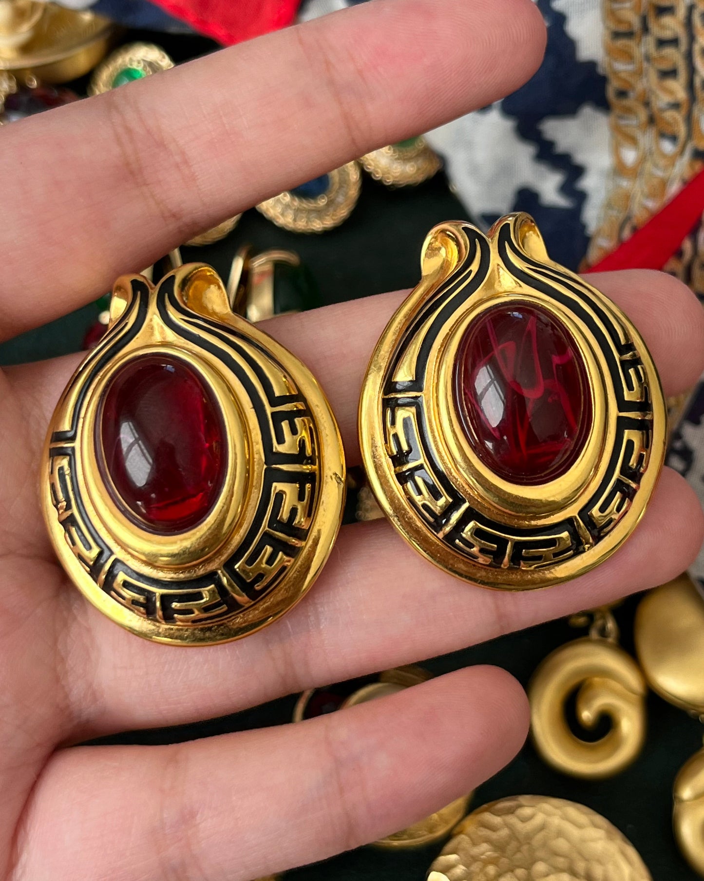 Vintage Fendi "Tulip" Collection Oval Red Swirly Poured Glass Cabochon Black Enamel Logo Gold-Tone Clip-On Earrings