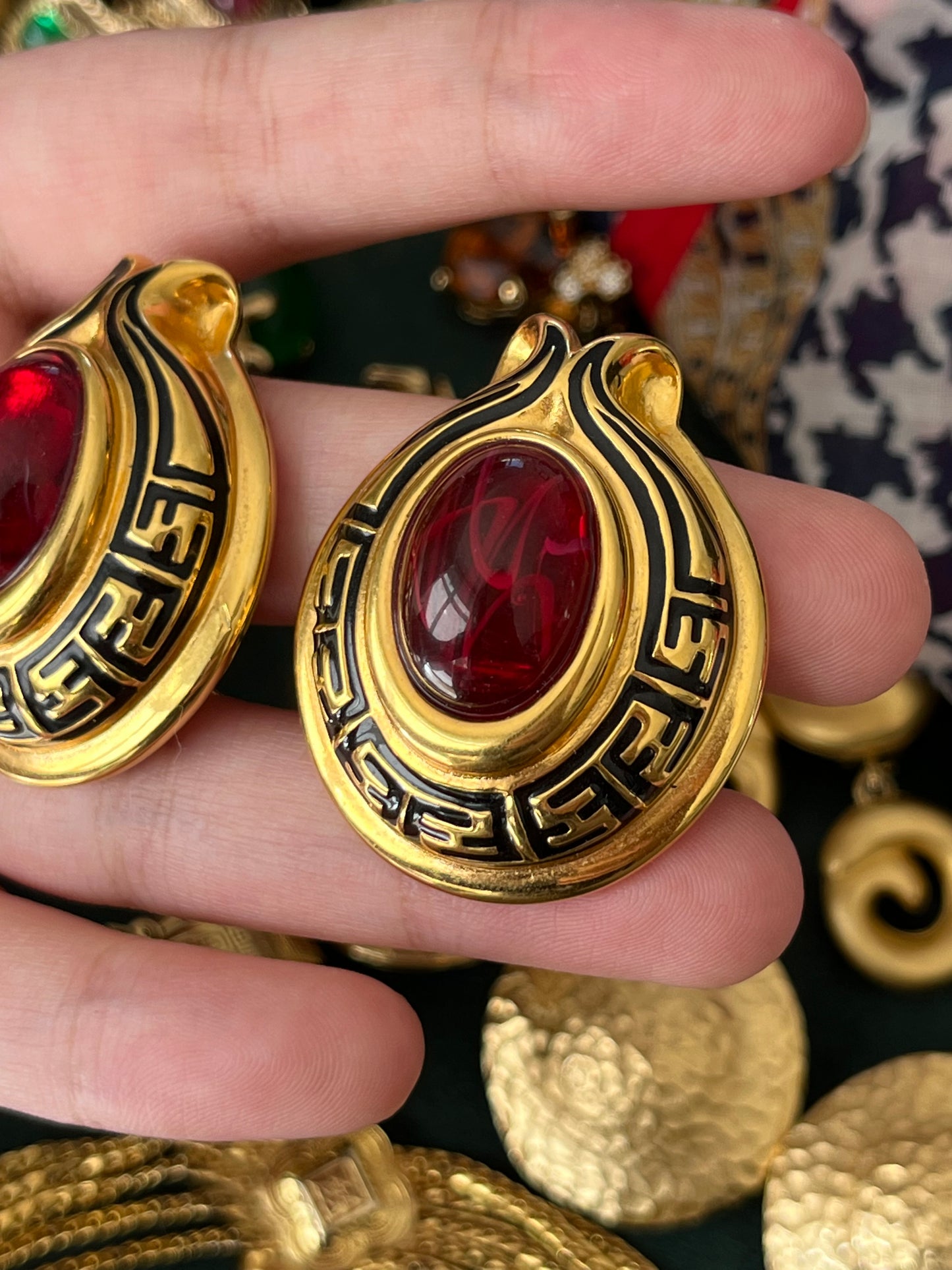 Vintage Fendi "Tulip" Collection Oval Red Swirly Poured Glass Cabochon Black Enamel Logo Gold-Tone Clip-On Earrings