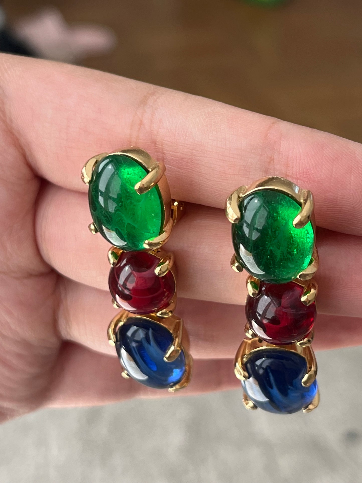 Vintage Christian Dior Tri-Color Oval Poured Swirly Glass Cabochon Prong Drop Gold-Tone Clip-On Earrings