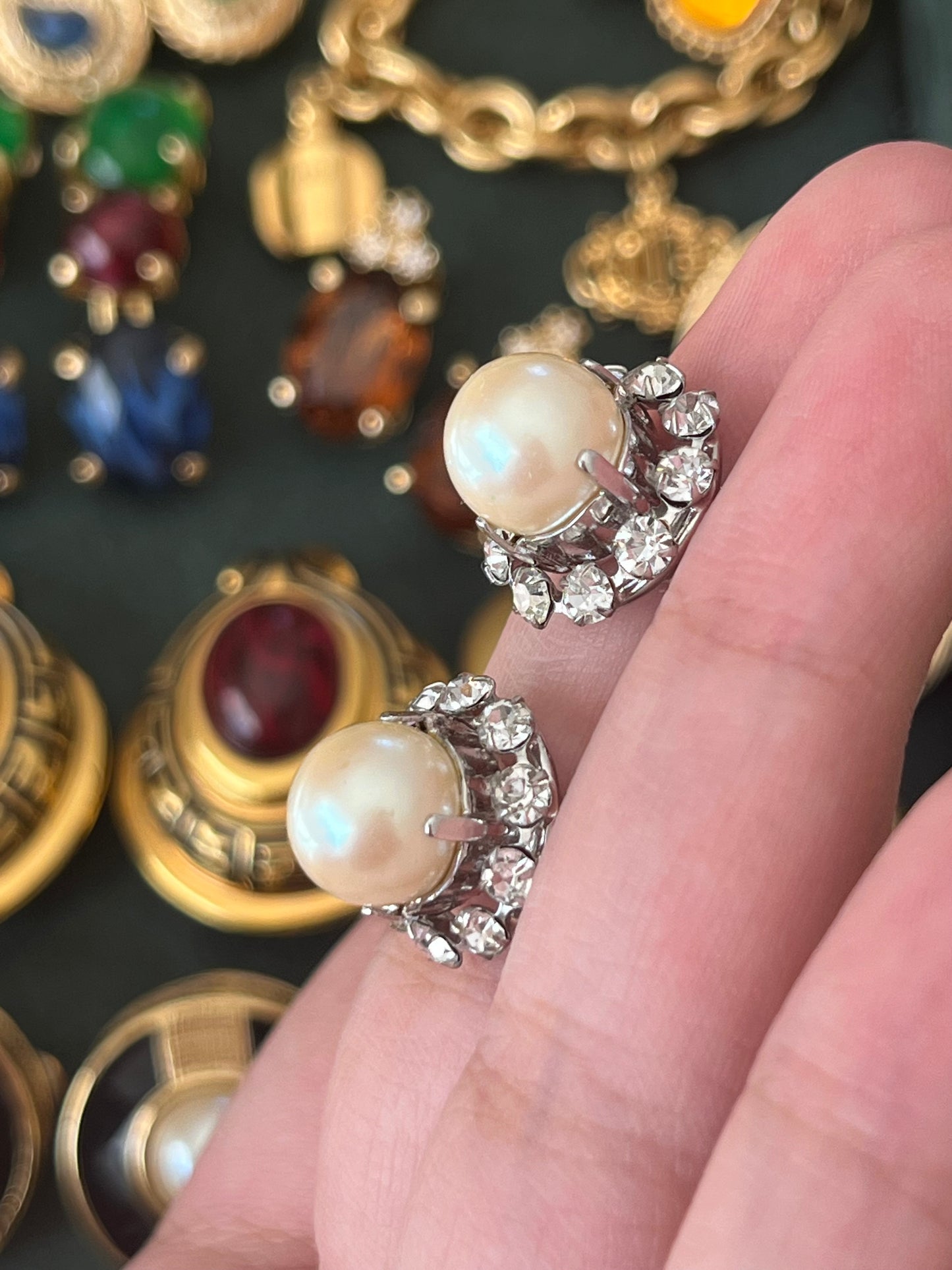 Vintage Christian Dior 1960 Pearl with Rhinestone Edge Mini Round Silver-Tone Clip-On Earrings