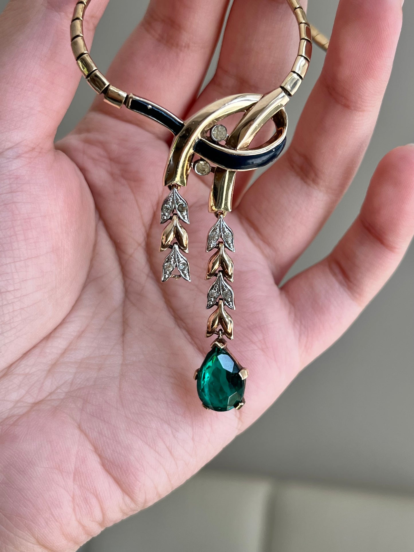 Vintage Trifari “Empress Eugénie” Collection 1940s Oval Topaz Droplet Gold Silver Two-Tone Y Necklace