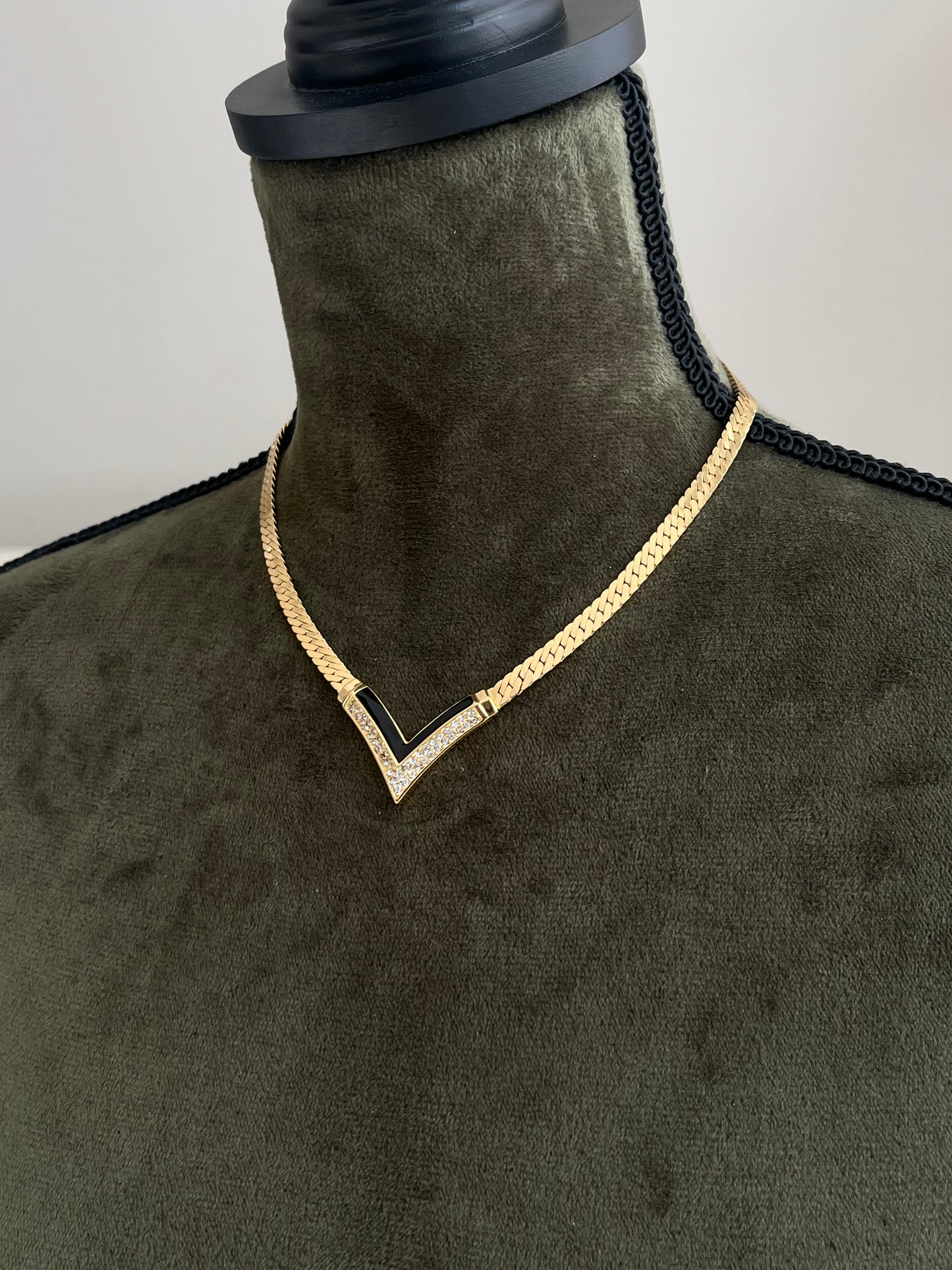 Vintage Christian Dior “V” Rhinestone Pavé Black Enamel Gold-Tone Clip-On Earrings Necklace Set