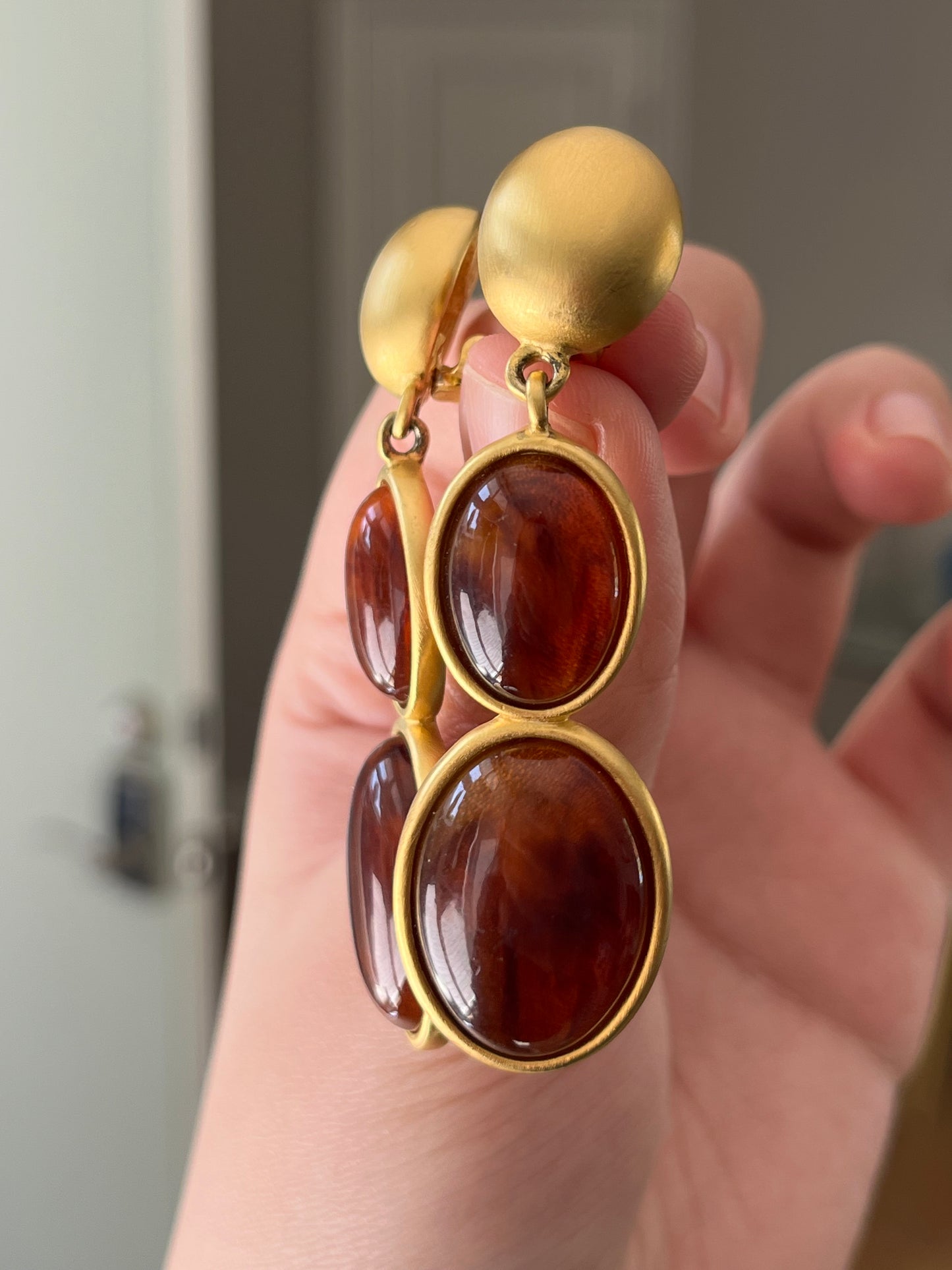 Vintage Givenchy Oval Amber Swirly Resin Cabochon Dangle Drop Long Shoulder Brush Matte Gold-Tone Clip-On Earrings