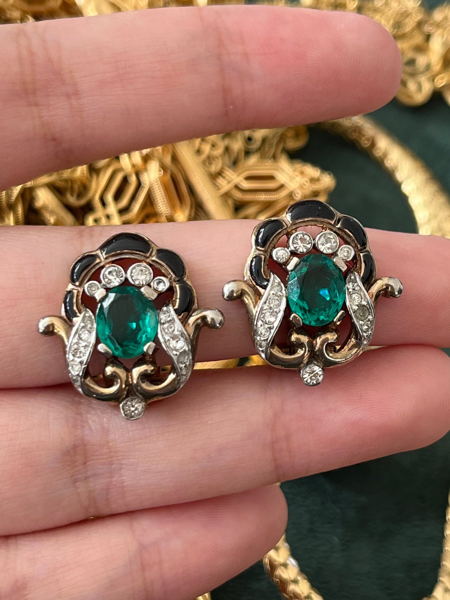 Vintage Trifari “Empress Eugénie” Collection 1940s Oval Topaz Rhinestone Navy Emerald Gold-Tone Clip-On Earrings