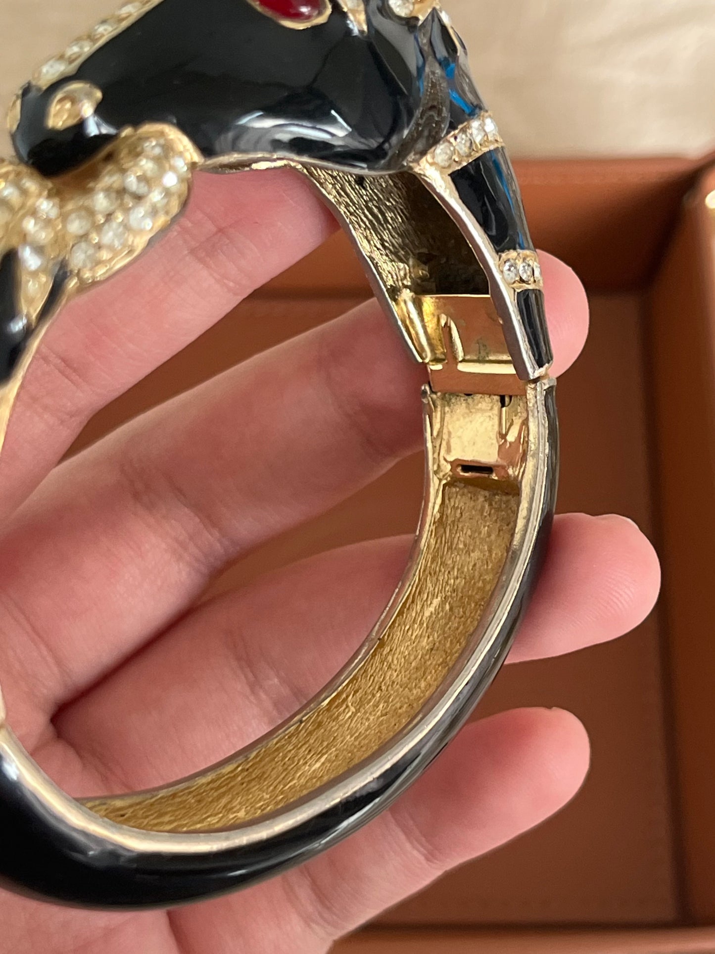 Vintage Ciner "Scultural Animal Head" Collection Horse Red Poured Glass Cabochon Black Enamel Rhinestone Pavé Bangle