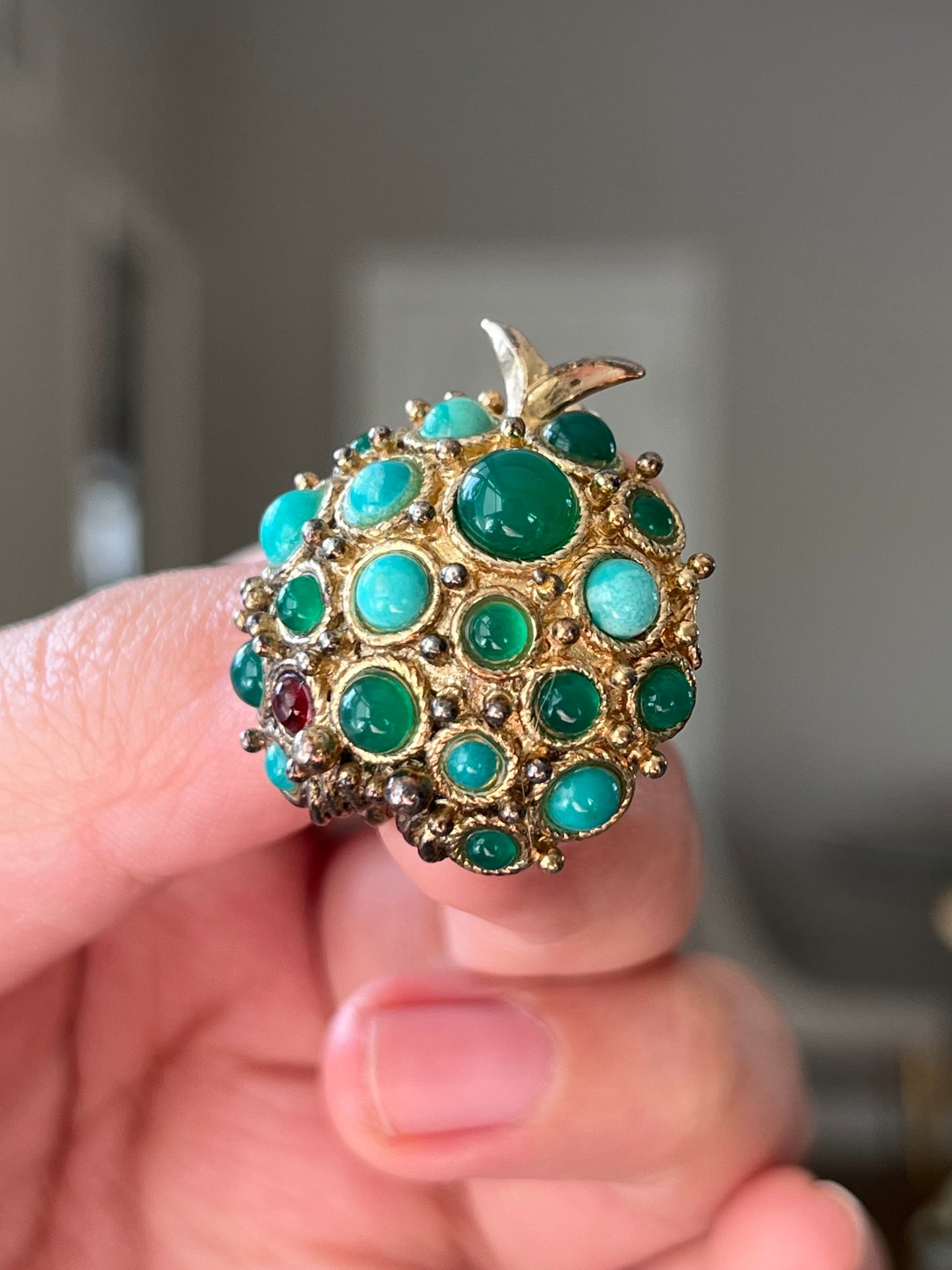 Vintage Grossé (Christian Dior) 1966 Fruit Turquoise Amazonite Faux Jade Cabochon Gold-Tone Brooch