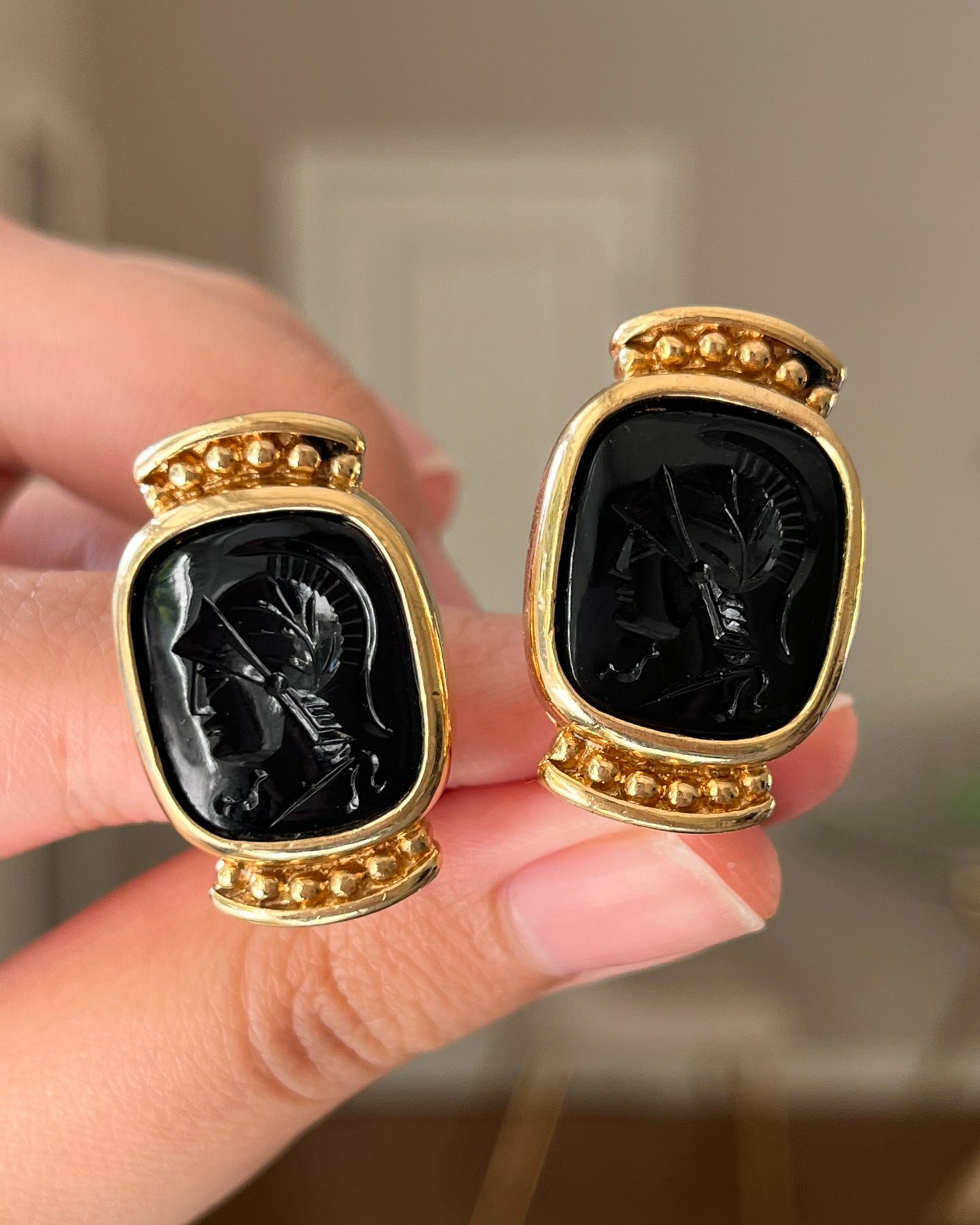 Vintage Givenchy Greek Hoplite Cameo Black Molded Glass Cabochon Gold-Tone Clip-On Earrings