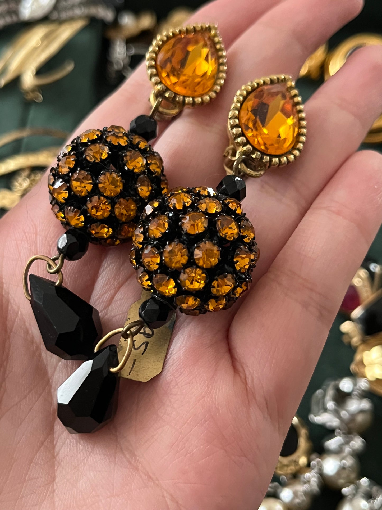 Vintage Yves Saint Laurent Rive Gauche YSL Orange Rhinestone Ball Dangle Drop Long Shoulder Brush Gold-Tone Clip-On Earrings