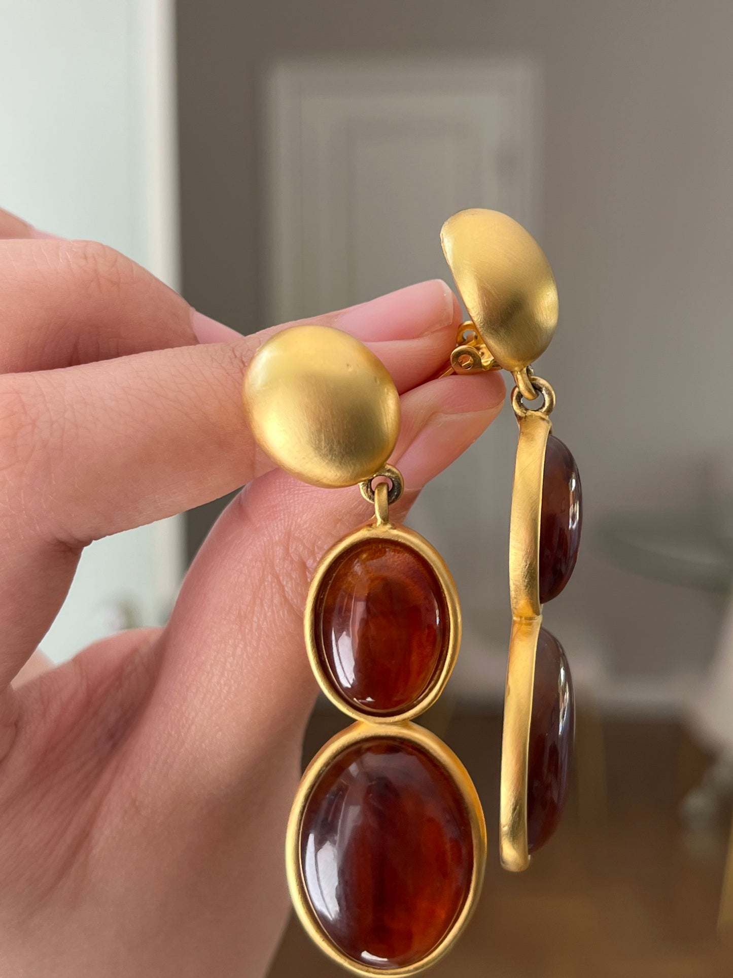 Vintage Givenchy Oval Amber Swirly Resin Cabochon Dangle Drop Long Shoulder Brush Matte Gold-Tone Clip-On Earrings