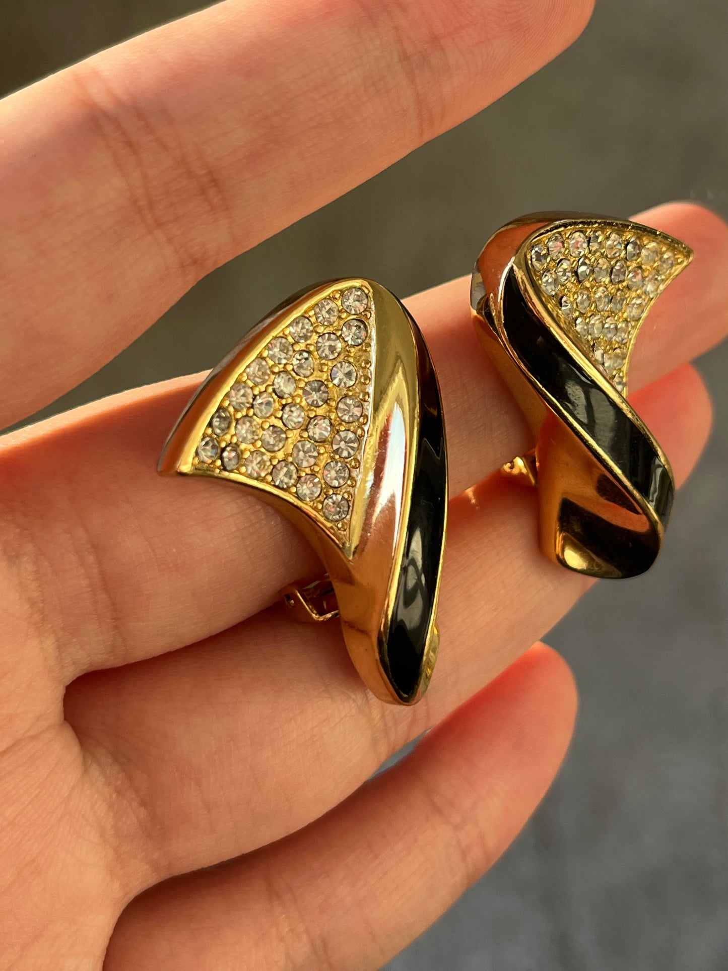 Vintage Christian Dior Classic Twisted Fan Black Enamel Rhinestone Pavé Gold-Tone Clip-On Earrings