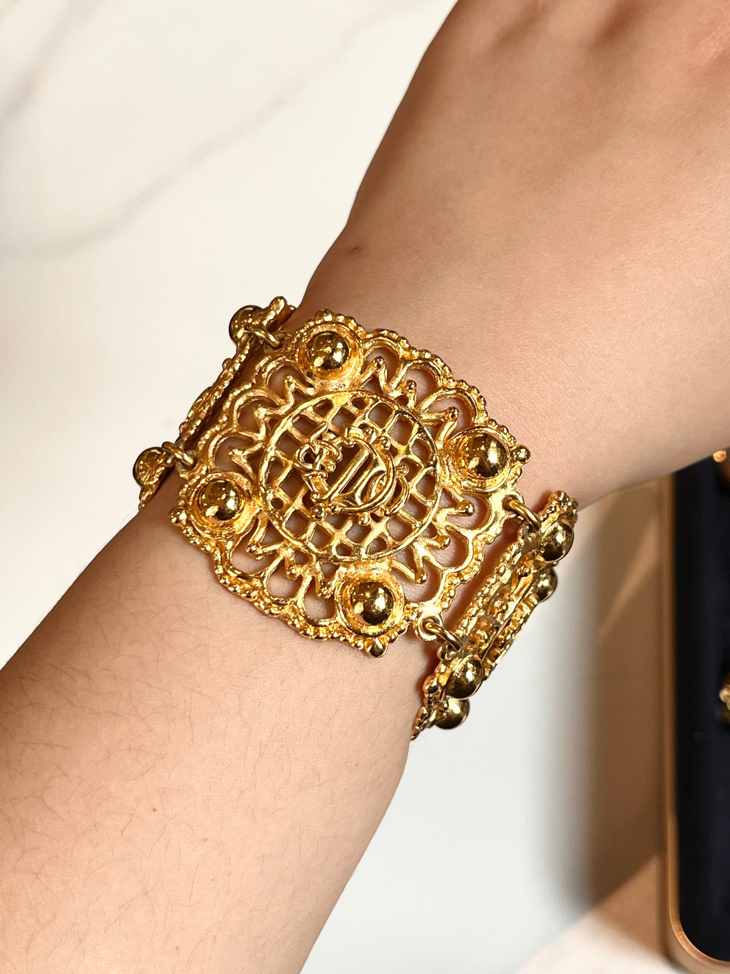 Vintage Christian Dior "Pumpkin Carriage" Collection Classic Monogram Logo Hollow Gold-Tone Bracelet Cuff Bangle