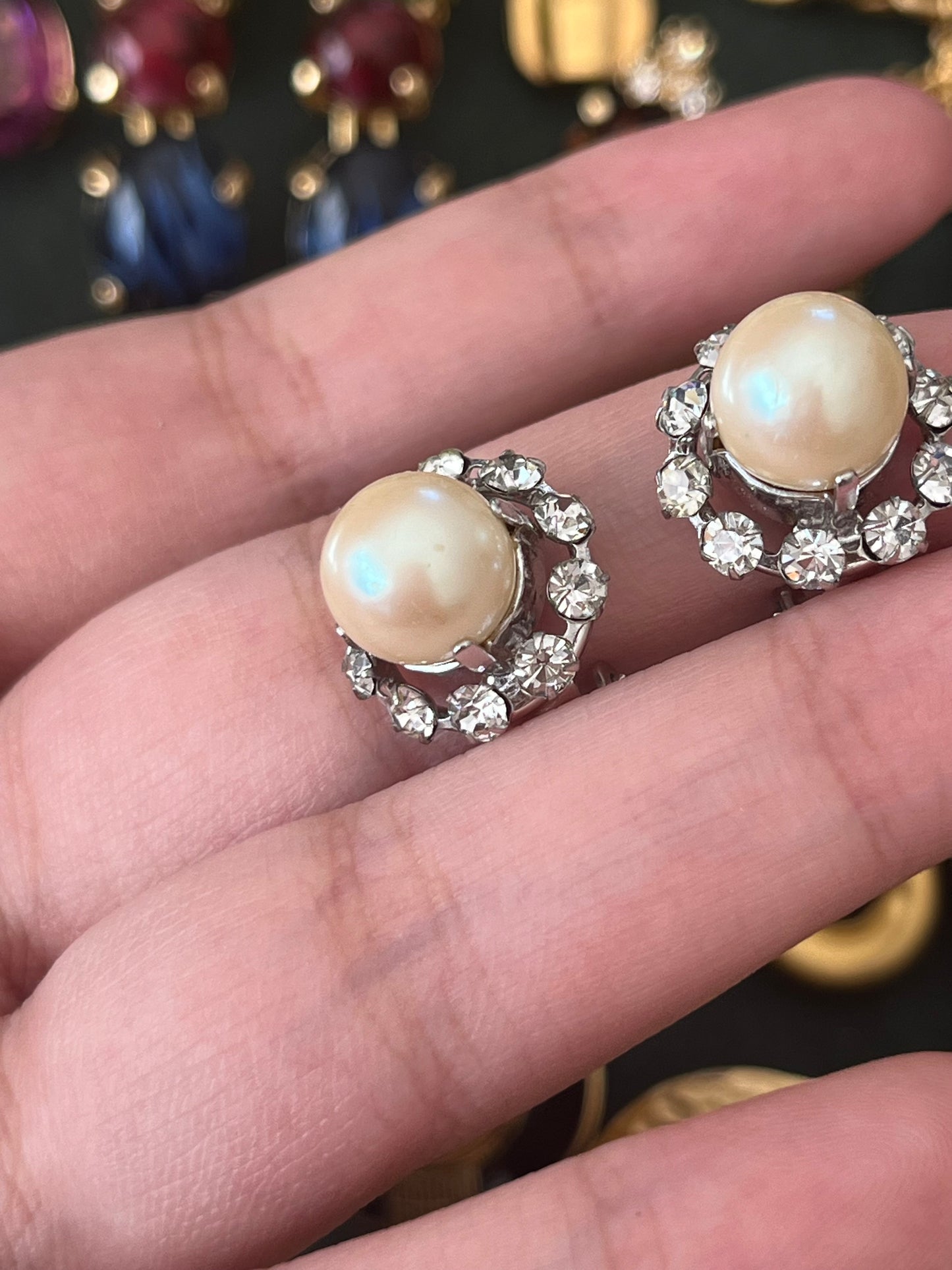 Vintage Christian Dior 1960 Pearl with Rhinestone Edge Mini Round Silver-Tone Clip-On Earrings