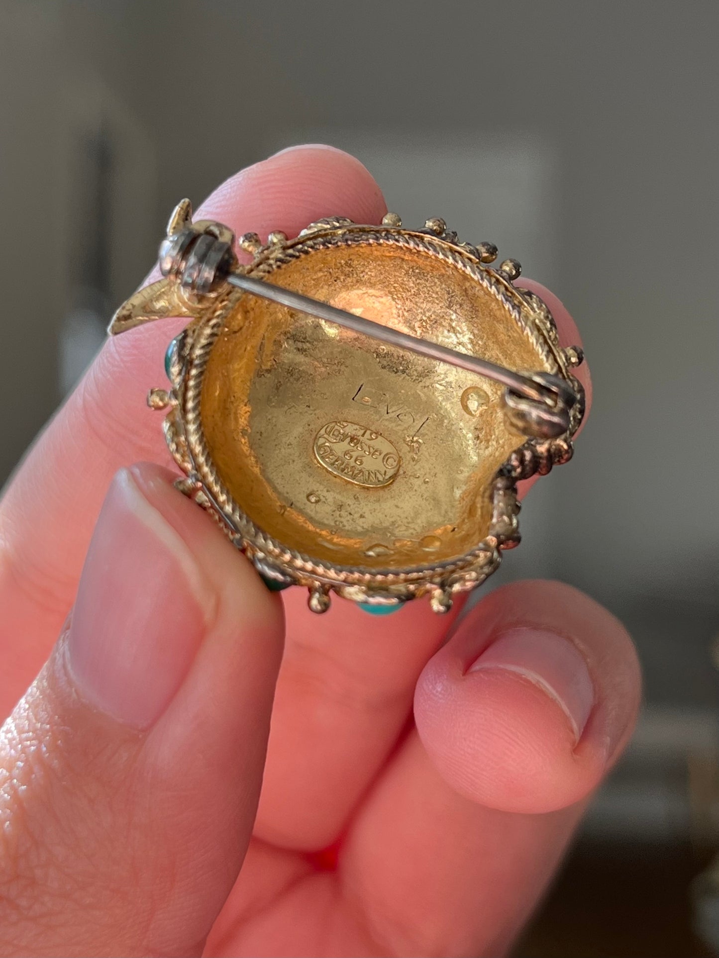 Vintage Grossé (Christian Dior) 1966 Fruit Turquoise Amazonite Faux Jade Cabochon Gold-Tone Brooch