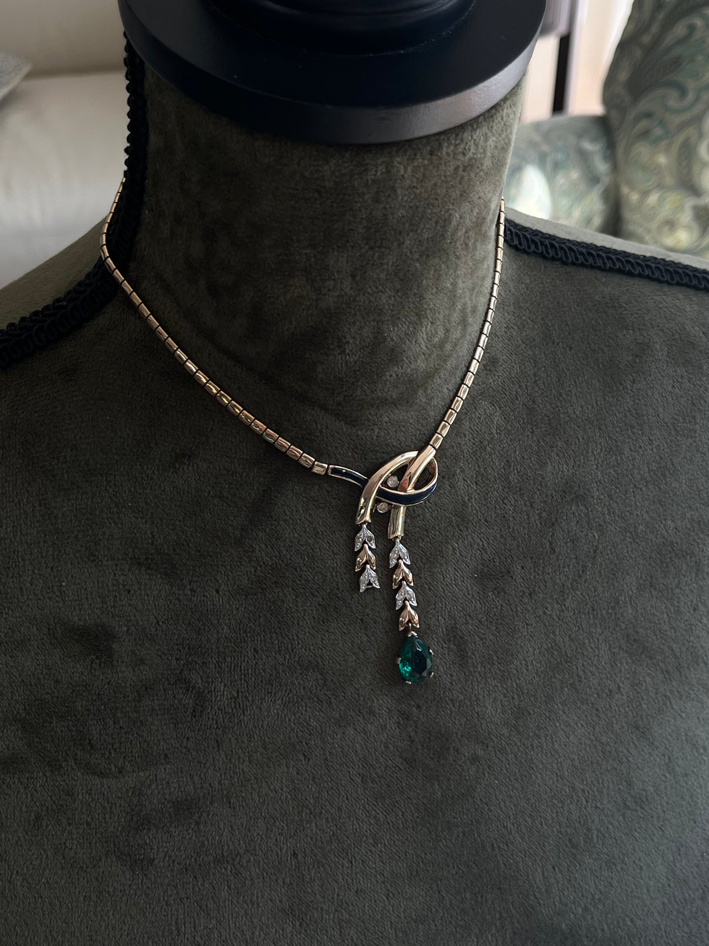 Vintage Trifari “Empress Eugénie” Collection 1940s Oval Topaz Droplet Gold Silver Two-Tone Y Necklace