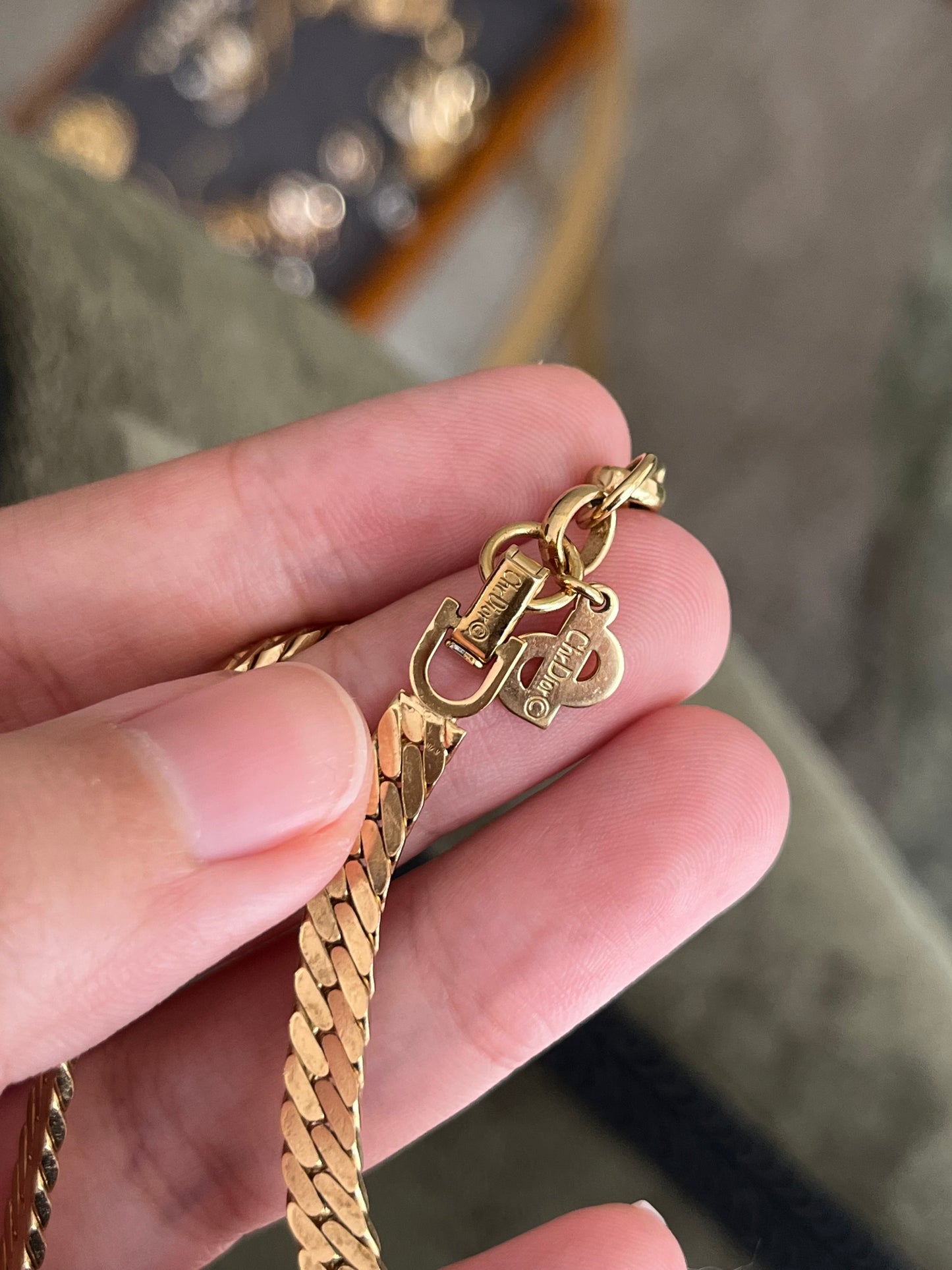 Vintage Christian Dior "Zebra" Crescent Moon Hoop Black Enamel Rhinestone Pavé Gold-Ton Chain Necklace