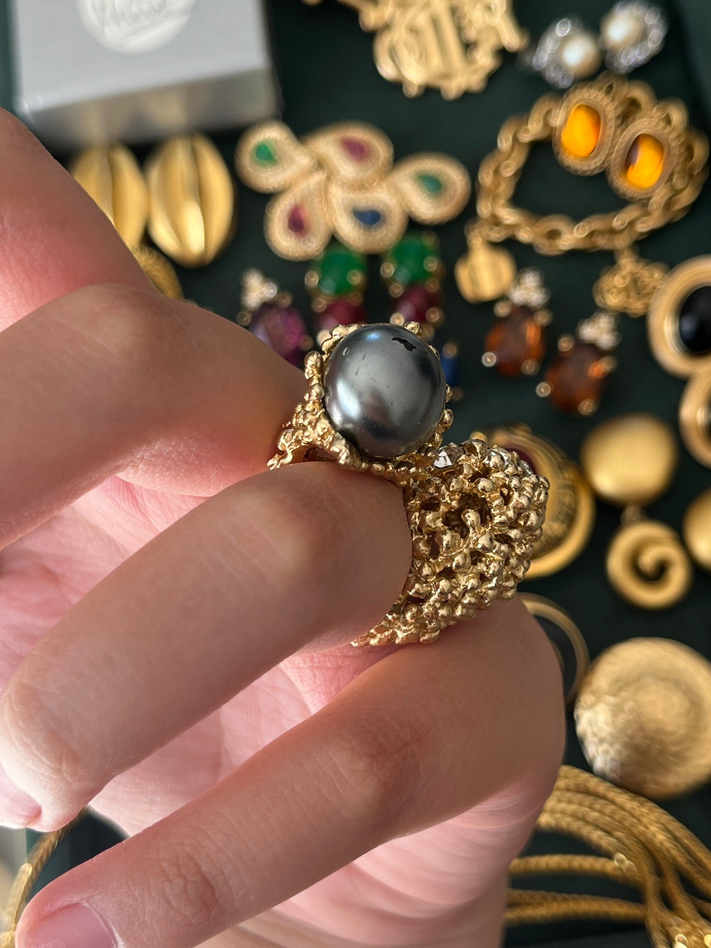Vintage Grossé (Christian Dior) 1966 Faux Grey Tahitian Pearl Irregular Nugget Gold-Plated Adjustable Open Cocktail Ring
