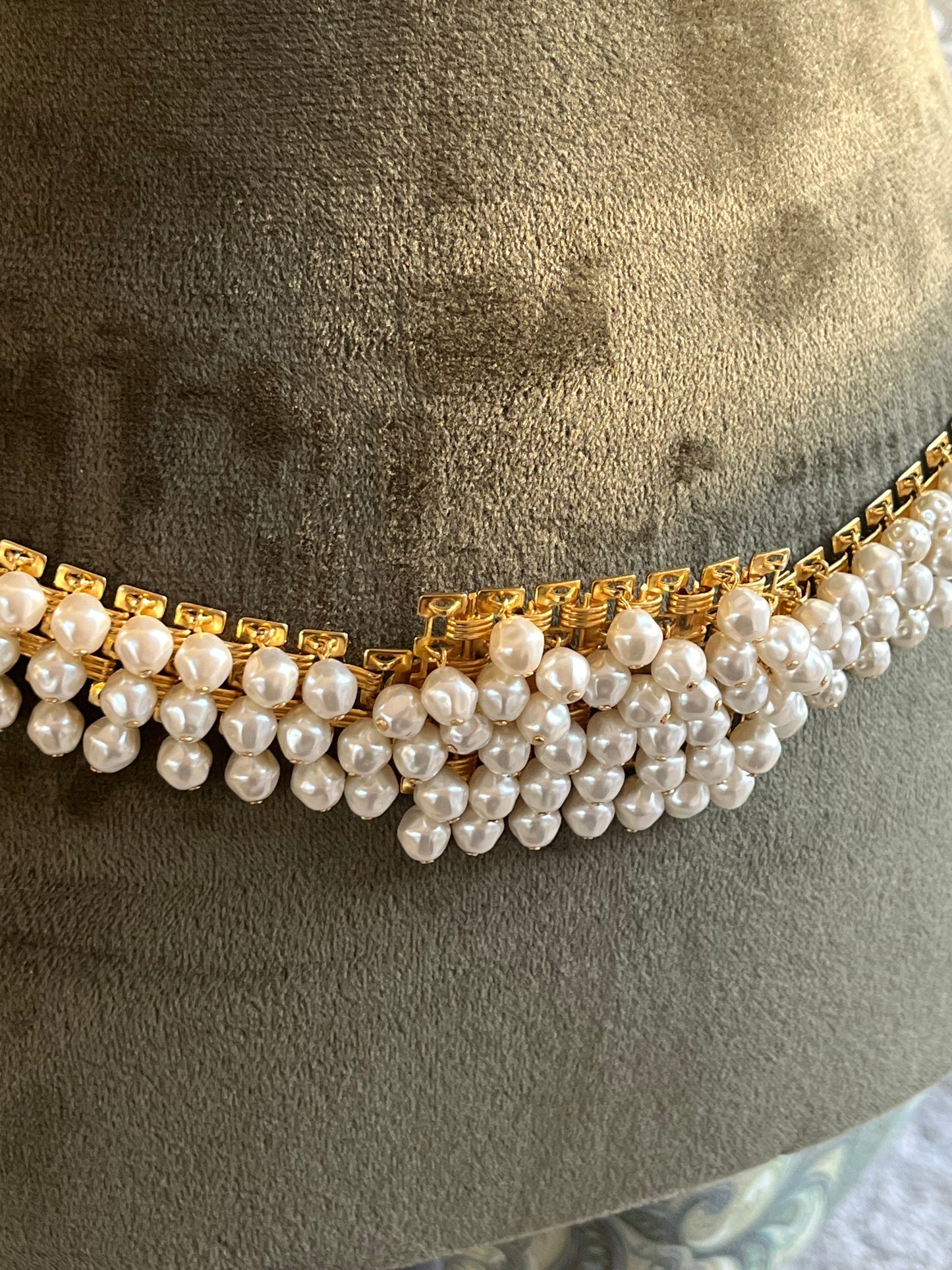 Vintage Christian Dior Baroque Pearl Tassel Droplet Gold-Tone Wide Waist Chain Belt