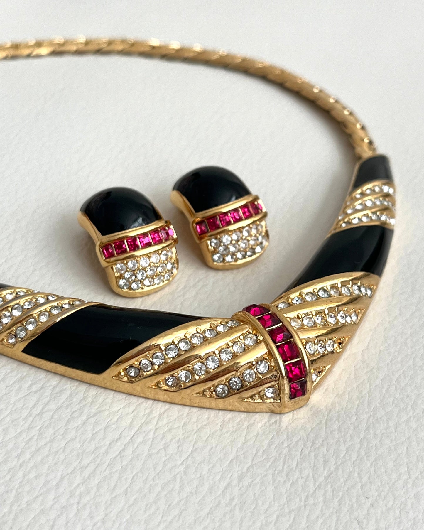 Vintage Christian Dior "V" Square Red Rhinestone Black Enamel Gold-Tone Clip-On Earrings Necklace Set