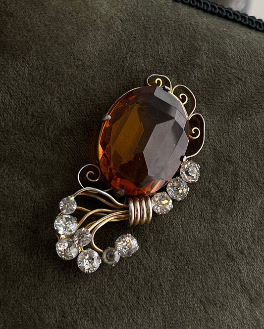 Vintage Leo Glass Oval Open Back Brown Amber Rhinestone Gold-Tone Filigree Brooch