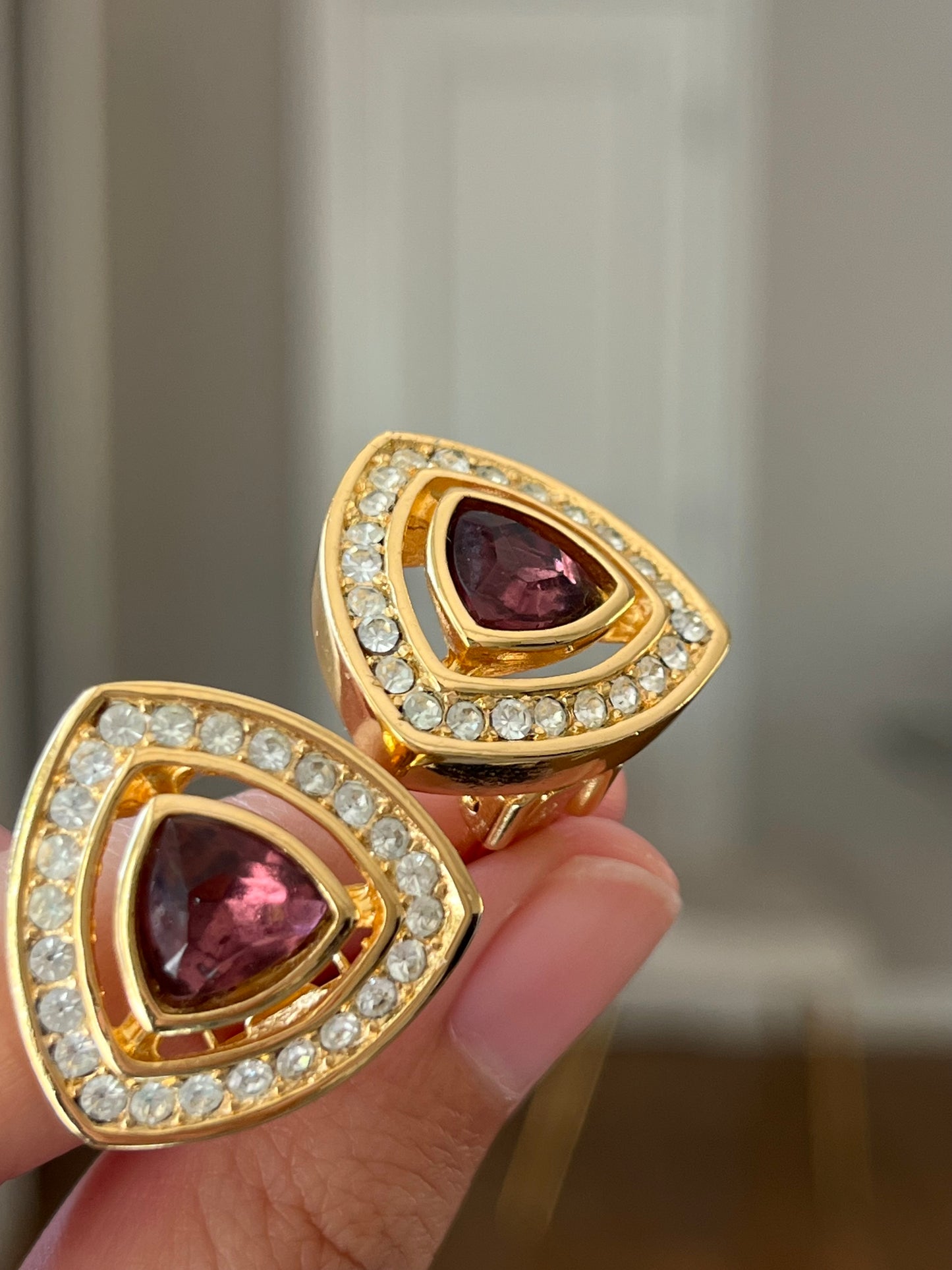 Vintage Christian Dior Triangular Purple Rhinestone Hollow Edge Gold-Tone Clip-On Earrings