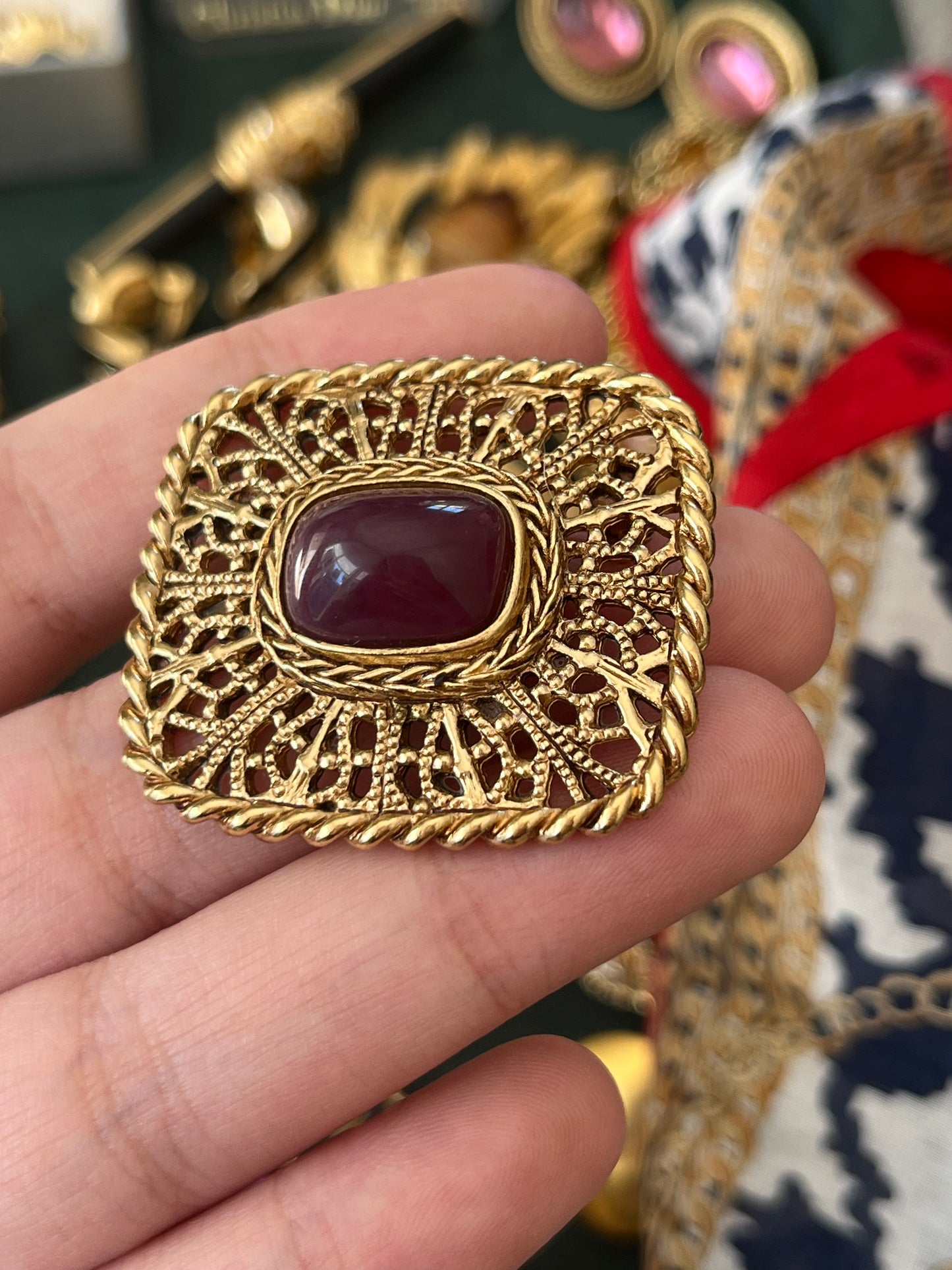 Vintage Givenchy "Filigree" Collection Book Piece Purple Resin Cabochon Rectangular Gold-Plated Brooch