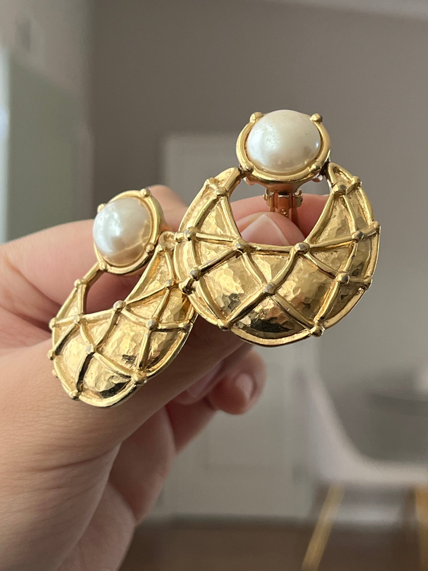 Vintage Givenchy Door Knocker Round Pearl Quilted Drop Gold-Tone Clip-On Earrings