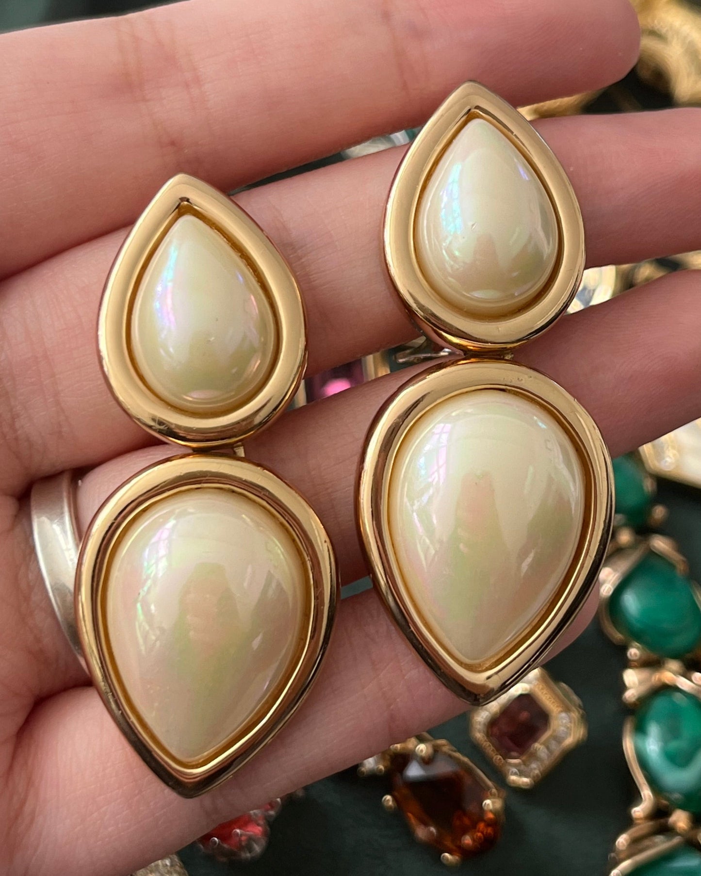 Vintage Christian Dior Teardrop Pearl Cabochon Dangle Drop Gold-Tone Clip-On Earrings