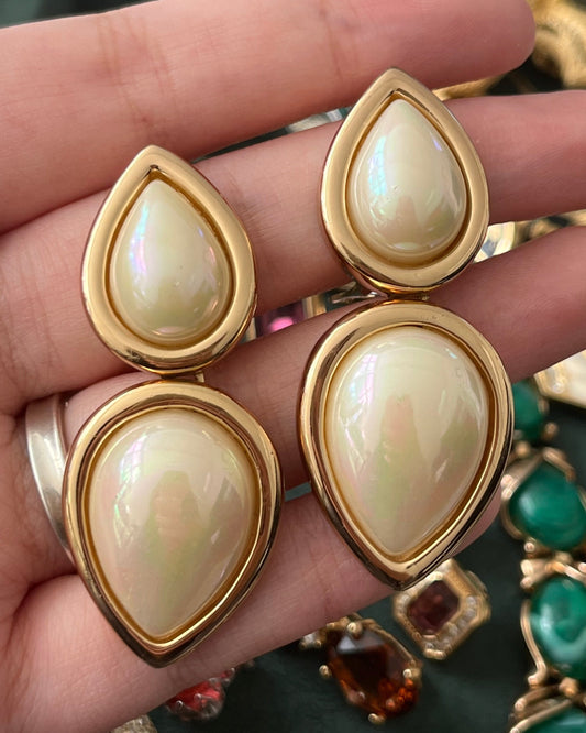 Vintage Christian Dior Teardrop Pearl Cabochon Dangle Drop Gold-Tone Clip-On Earrings