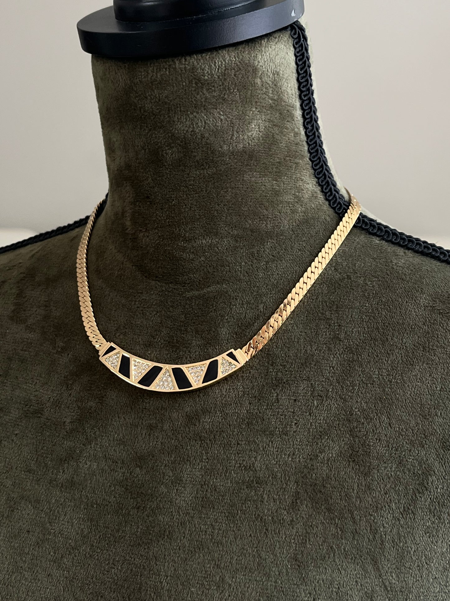 Vintage Christian Dior "Zebra" Crescent Moon Hoop Black Enamel Rhinestone Pavé Gold-Ton Chain Necklace