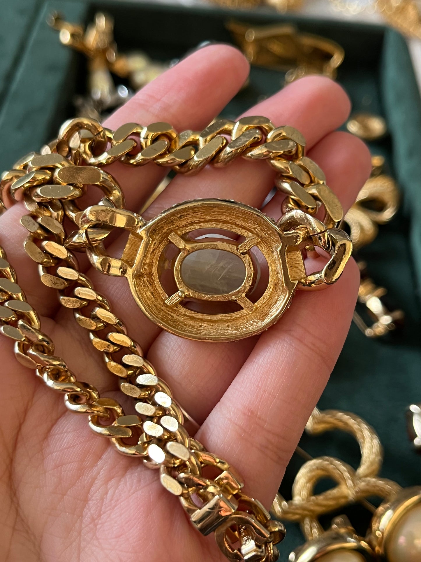 Vintage Christian Dior Irregular Milky White Swirly Poured Glass Cabochon Prong Rhinestone Pavé Edge Gold-Tone Chain Necklace